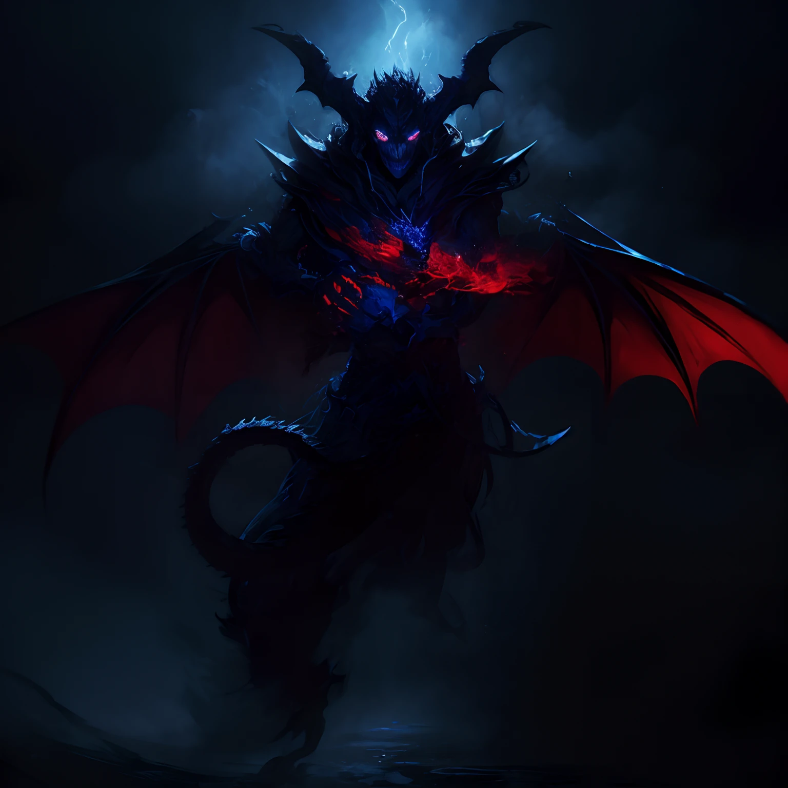 A dark blue scary demon dragon with reddish details