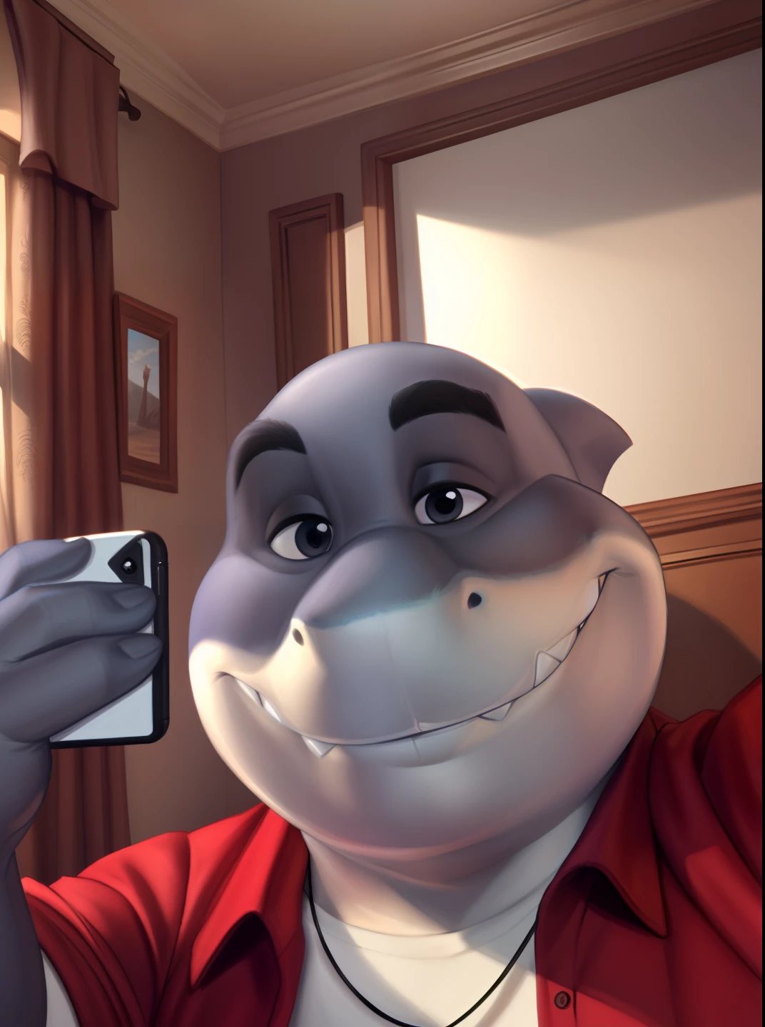 mr shark, plump, fat, belly, black eyes, (pose:1.3), (posing:1.3), (soft shading), 4k, hi res, five fingers, detailed hands, ((detailed face, (detailed eyes:1.0), detailed)), selfie type image, by zackarry911, by zaush, (by personalami:0.5),  looking at viewer, half smile, 1boy, male focus, dog items, ((giant head, huge head, big head))