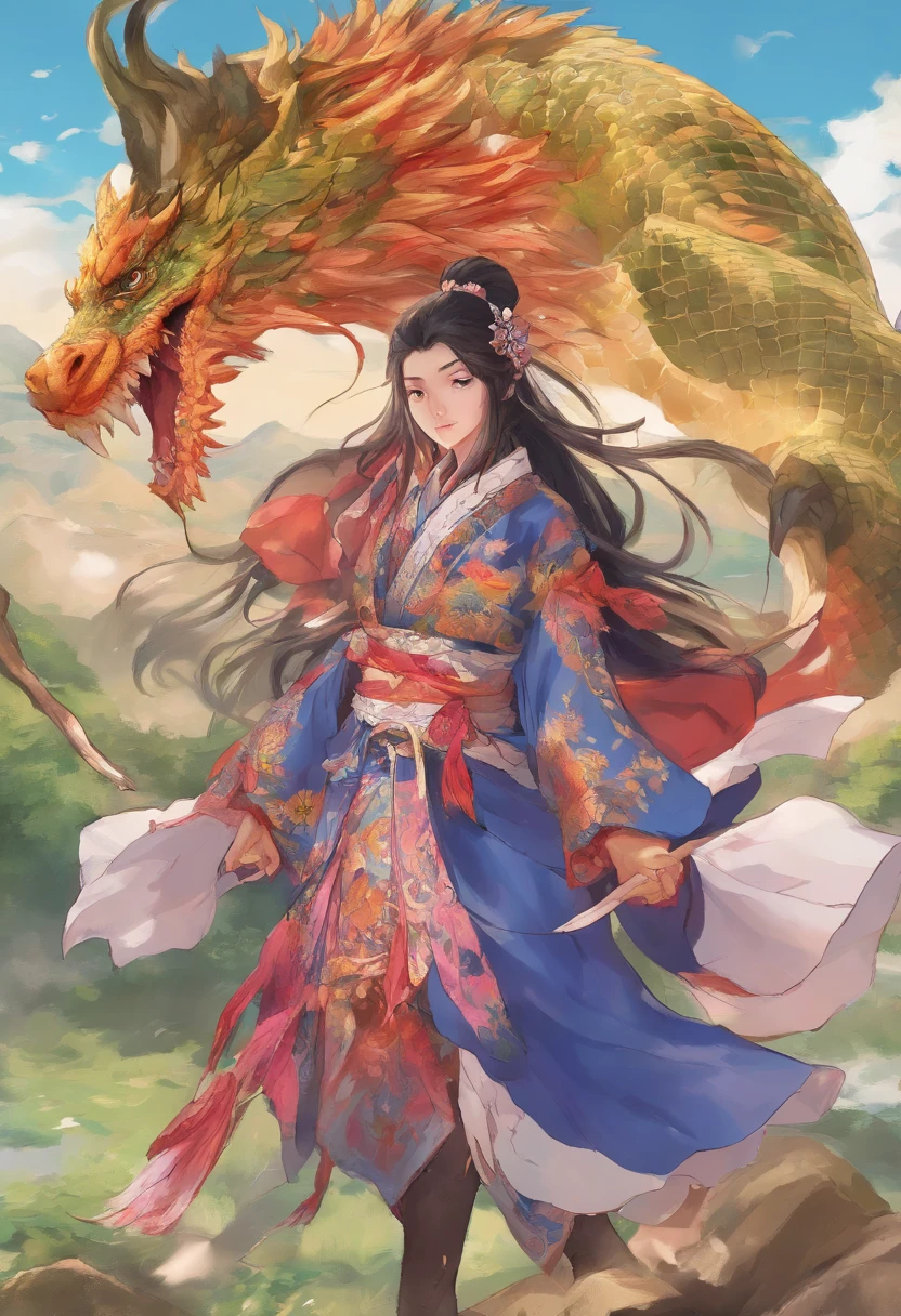 Asian,cabelos longos,vestindo kimono, espadachim, guerreira, huntress, Dragon Breath, Mountain scenery, batalha, destruction, poder,