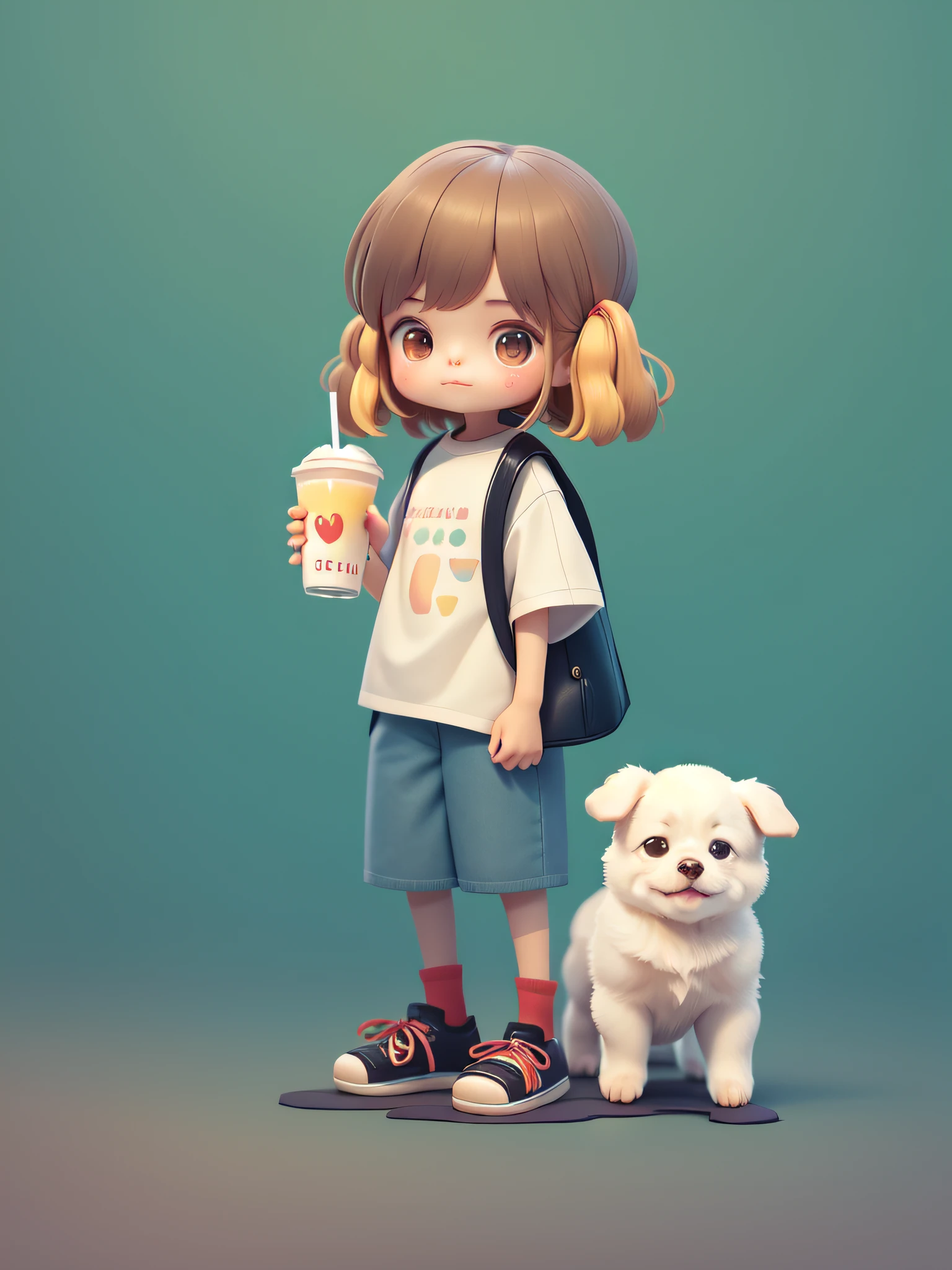 This is an illustration of a young girl holding a drink and standing next to a small dog.
This is a digital painting with a beige background color.
The girl is wearing a white shirt with red dots, gray shorts, and black shoes.
She was drinking a clear milky drink with a straw.
The small dog has curly and white fur.