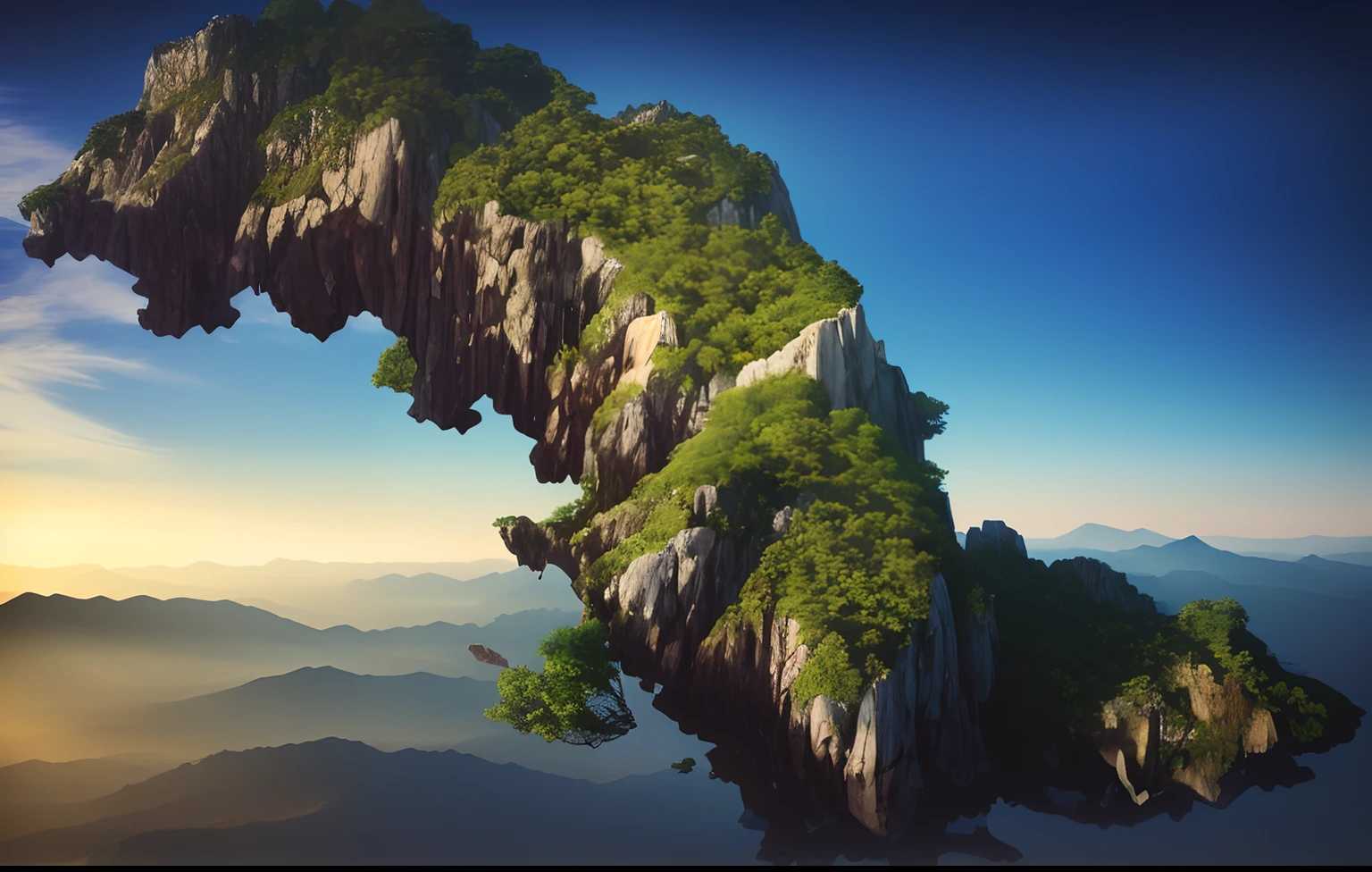 There is a 3D image of a mountain,There are trees on it, detailed trees and cliffs, isometric island in the sky, mountainous terrain, isometric game asset, cliffside, rocky cliff, extremely detailed rocky crag, Floating mountains, mountainous background, Big Mountain, isometric invironment, Cliff side, karst pillars forest, top of a canyon