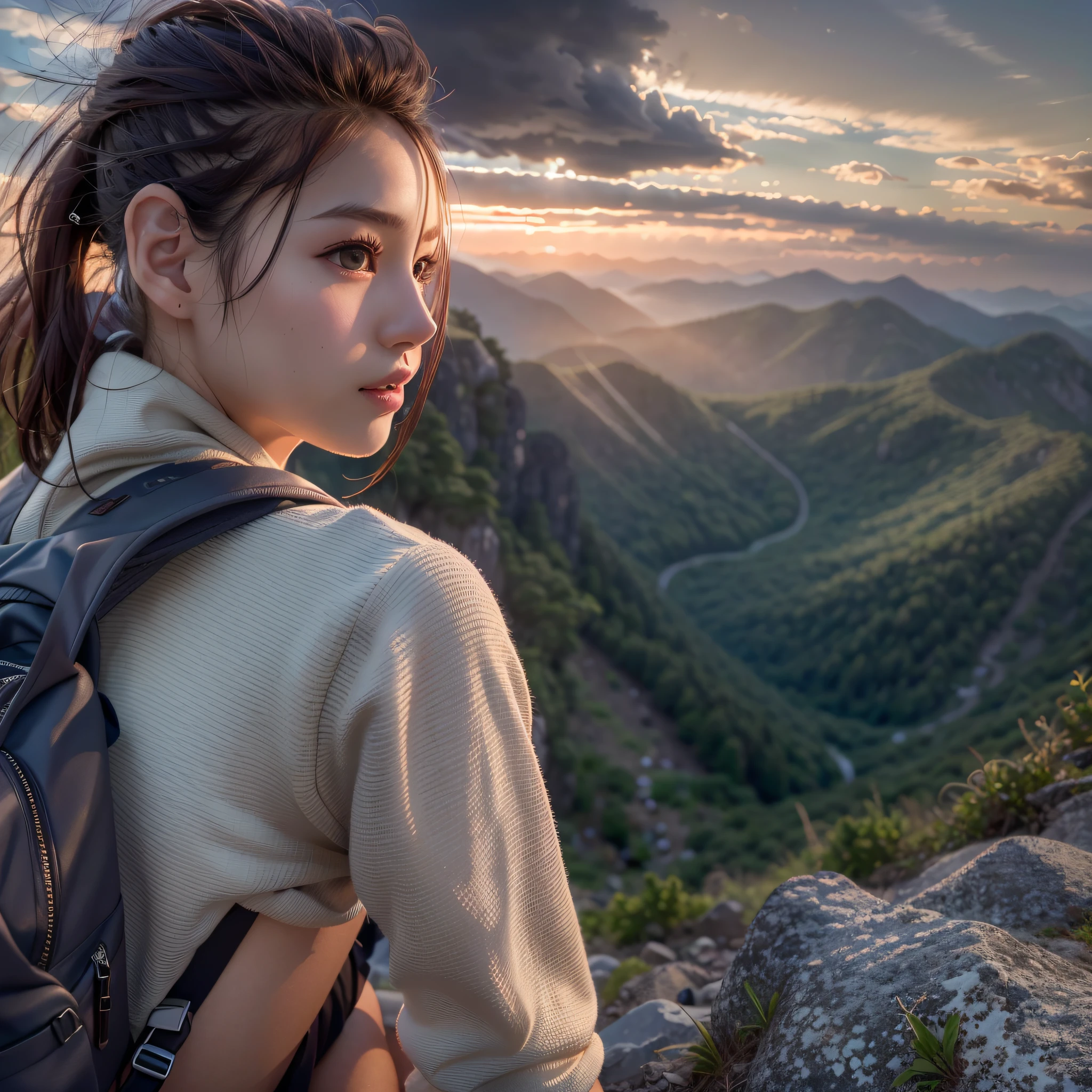 (Naturescape photography), (best quality), masterpiece:1.2, ultra high res, photorealistic:1.4, RAW photo, (Magnificent mountain, sea of clouds), (On a very high mountain peak), (sunset), (wideangle shot), (Show cleavage:0.8),
(1girl), (Photo from the knee up:1.3), (18 years old), (smile:0.9), (shiny skin), (semi-long hair, dark brown hair),
(loose white shirt, Trekking shorts), (Carrying a large backpack),
(ultra detailed face), (ultra Beautiful fece), (ultra detailed eyes), (ultra detailed nose), (ultra detailed mouth), (ultra detailed arms), (ultra detailed body), pan focus, looking at the audience