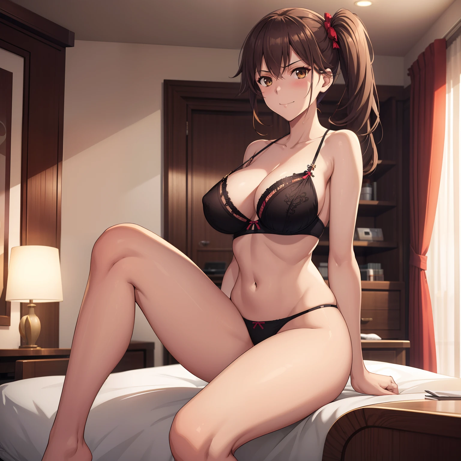 1girl,gigantic breasts,hotel room,bed,(8k),
,detailed face,brown hair,brown eyes,long hair_ornament,side ponytail,embarassed,shy,small smile,high_res, high_definition,sexy pose,black sexy lingerie,open legs,