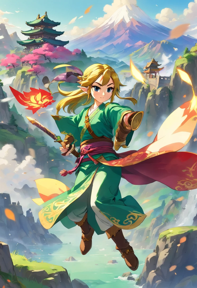 Asian,cabelos longos,vestindo kimono, espadachim, guerreira, huntress, Dragon Breath, Mountain scenery, batalha, destruction, poder,