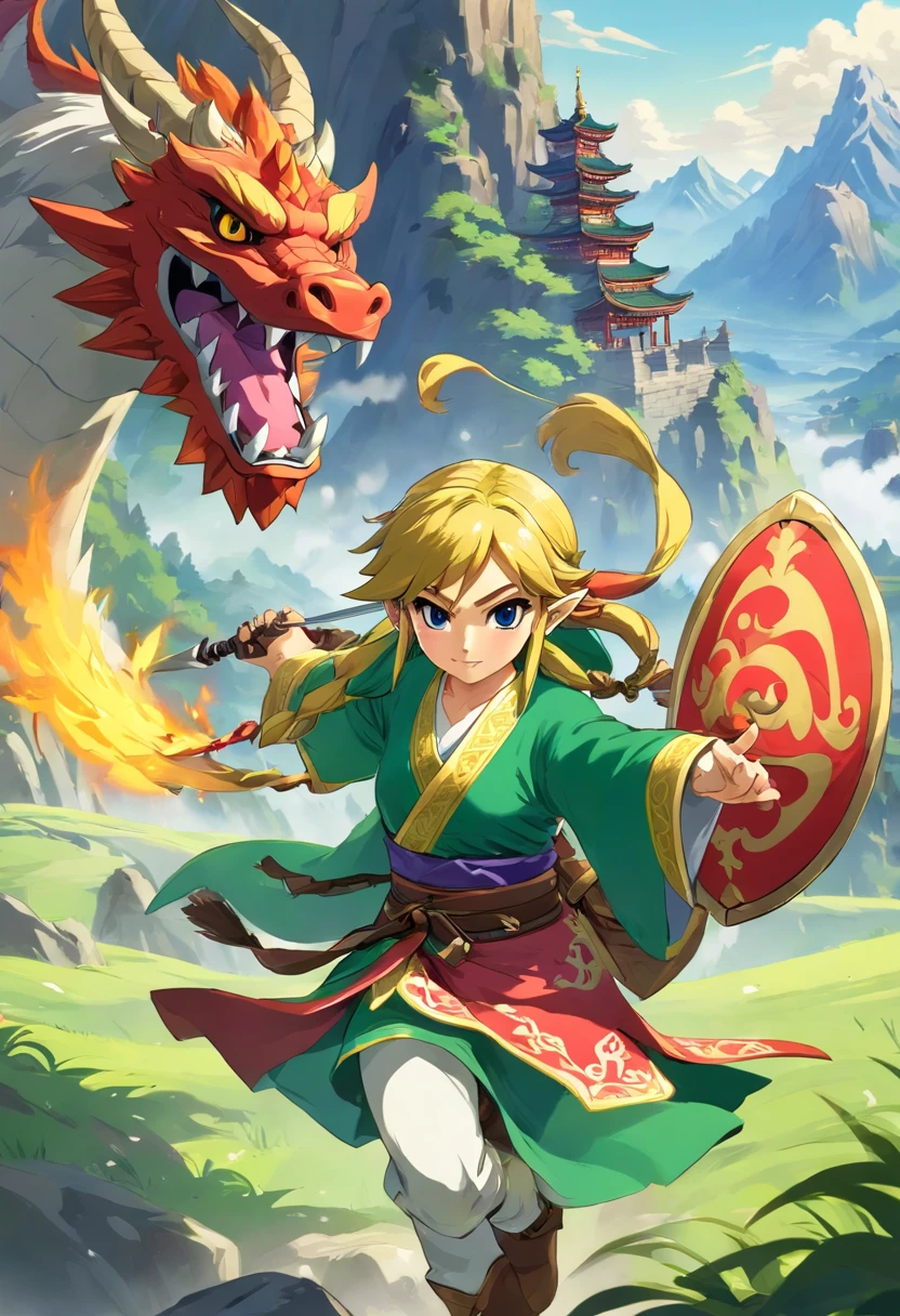 Asian,cabelos longos,vestindo kimono, espadachim, guerreira, huntress, Dragon Breath, Mountain scenery, batalha, destruction, poder,
