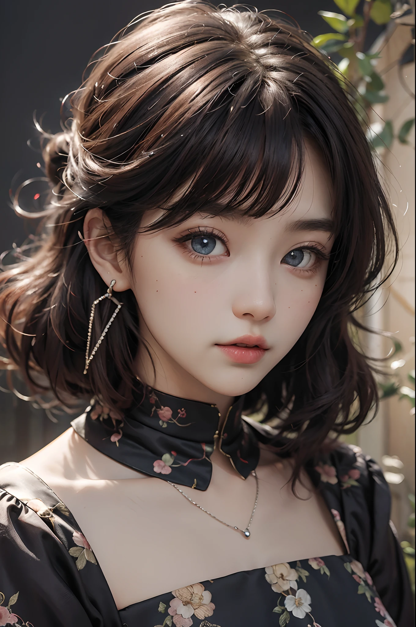 Masterpiece, 1 beautiful girl, Detailed eyes, Swollen eyes, Top quality, 超高分辨率, (reality: 1.4), Cinematic lighting, Japanese, Asian beauty, Korean, Very beautiful, Beautiful skin, Slender, body facing the front, (Ultra photo realsisim), (high resolution), (8K), (Very detailed), ( Best Illustration), (Beautifully detailed eyes), (Super detailed), (the wallpaper), Detailed face, Bright lighting, Professional lighting, view the viewer, Staring straight ahead, The costumes are neat shirts and dresses, 46-point oblique bangs, Night view, Black hair (Some red hair with mesh),