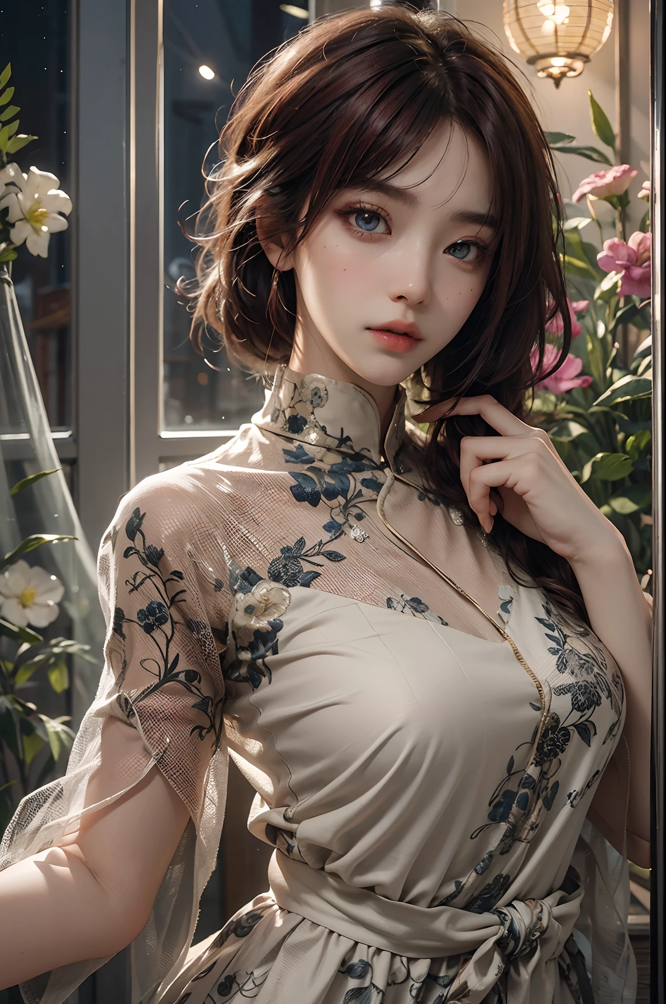 Masterpiece, 1 beautiful girl, Detailed eyes, Swollen eyes, Top quality, 超高分辨率, (reality: 1.4), Cinematic lighting, Japanese, Asian beauty, Korean, Very beautiful, Beautiful skin, Slender, body facing the front, (Ultra photo realsisim), (high resolution), (8K), (Very detailed), ( Best Illustration), (Beautifully detailed eyes), (Super detailed), (the wallpaper), Detailed face, Bright lighting, Professional lighting, view the viewer, Staring straight ahead, The costumes are neat shirts and dresses, 46-point oblique bangs, Night view, Black hair (Some red hair with mesh),