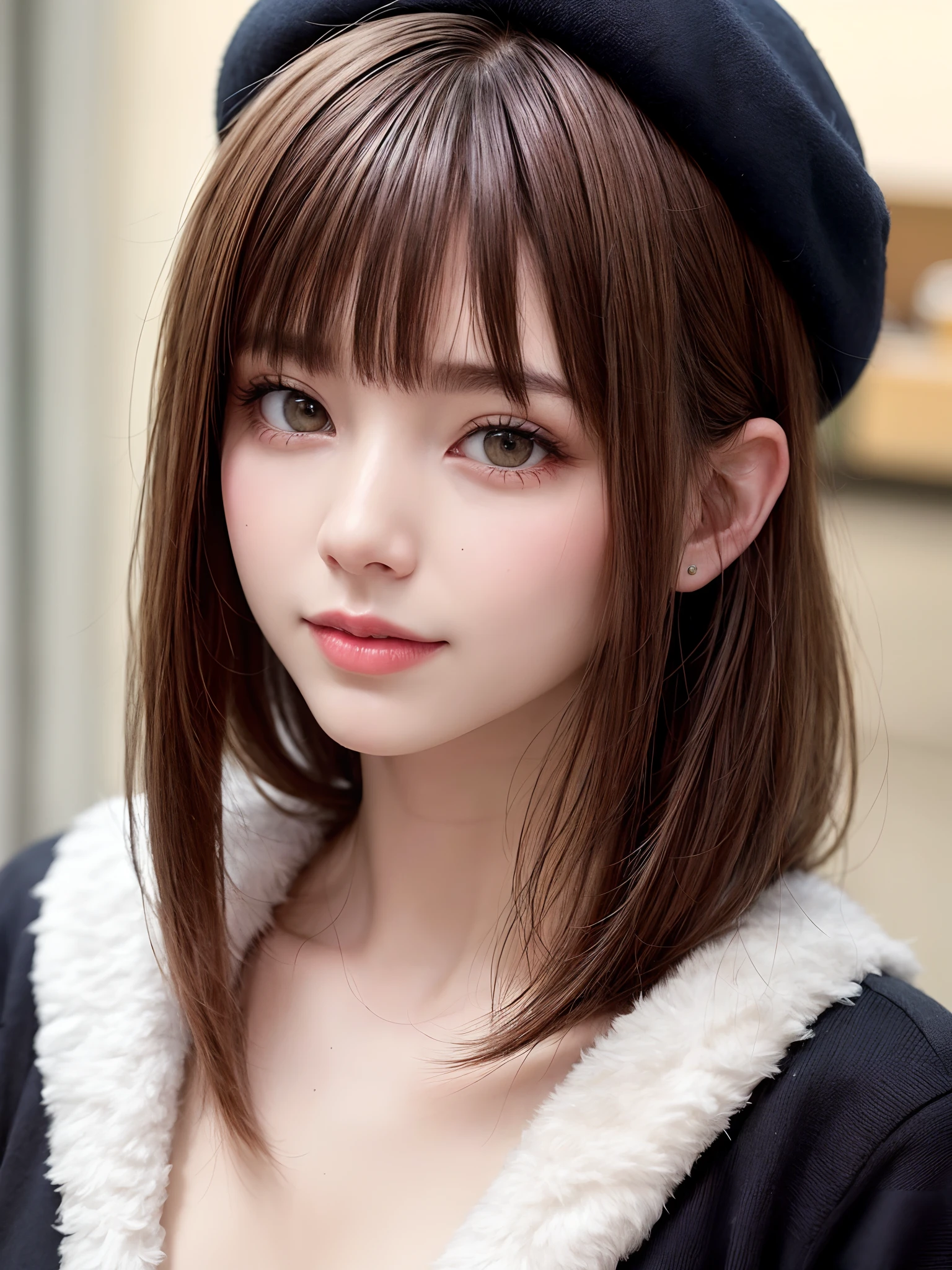 (​masterpiece, top-quality、Very attractive adult beauty、Add intense highlights to the eyes、Look firmly at the camera),1girl in, 独奏, A dark-haired, scarf, Hats,, realisitic, looking at the viewers, black eyes of light color, shorth hair, coat, Winter clothes, White headscarf, s lips, lipgloss，bangss, The upper part of the body、big eye、Lashes)、((Road system in Italy))、((Shorthair with bangs、big eye、Put very strong highlights in your students、very Bigger breasts、gazing at viewer、Very beautiful beauty、Put your ears out、long neck、little smiling、Beautiful teeth、Open your mouth and smile))、28 year old、Very cute supermodel