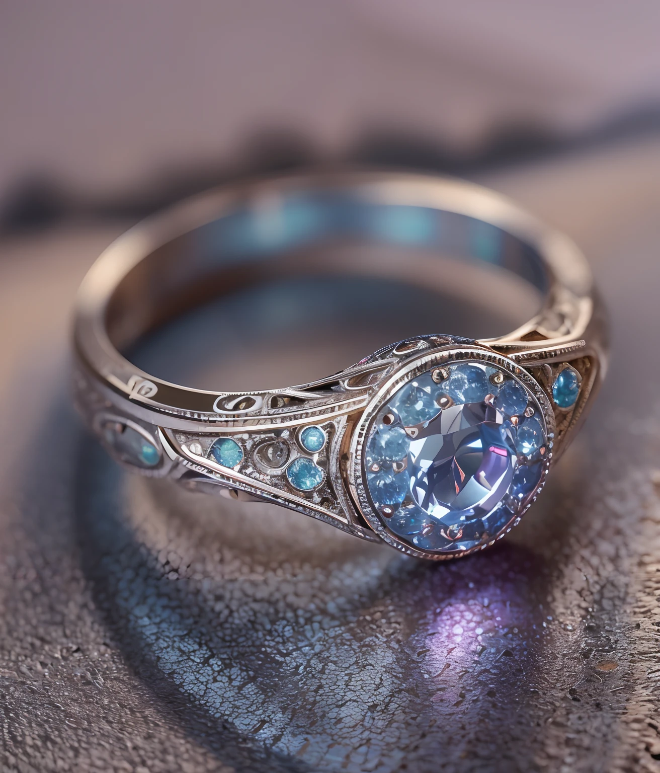 Masterpiece,highest quality,Large aperture macro,fotografia do produto,Spotlight photography environment,Original photo,(No Man),detailed detail,Phoenix ring setting,starrysky,Wrapped around the end from beginning to end,Delicate silver ring,Starry sky in the ring,The sheen,inverted image,Sparkling blue-purple gemstones,Elegant and noble,The magic pattern on it emits the light of the Tyndall effect,It shines with a noble blue light,The golden-red tone is filled with dark-style graphics,Solid Backgroud,