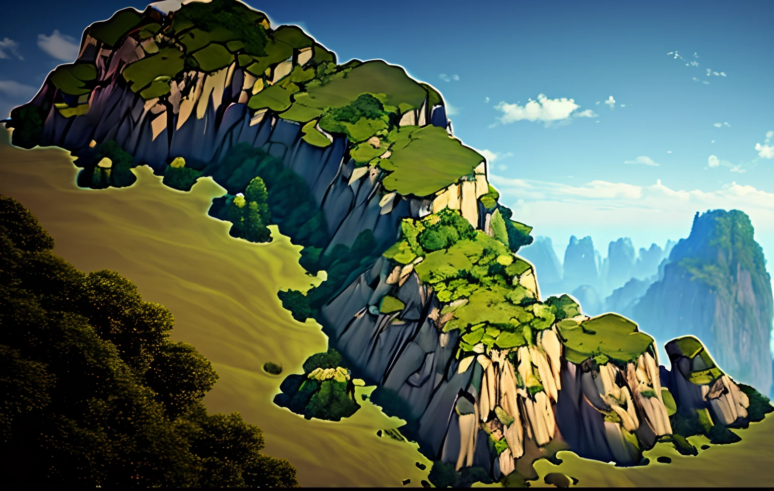 There is a 3D image of a mountain，There are trees on it, detailed trees and cliffs, isometric island in the sky, mountainous terrain, isometric game asset, cliffside, rocky cliff, extremely detailed rocky crag, Floating mountains, mountainous background, Big Mountain, Cliff side, isometric invironment, karst pillars forest, top of a canyon