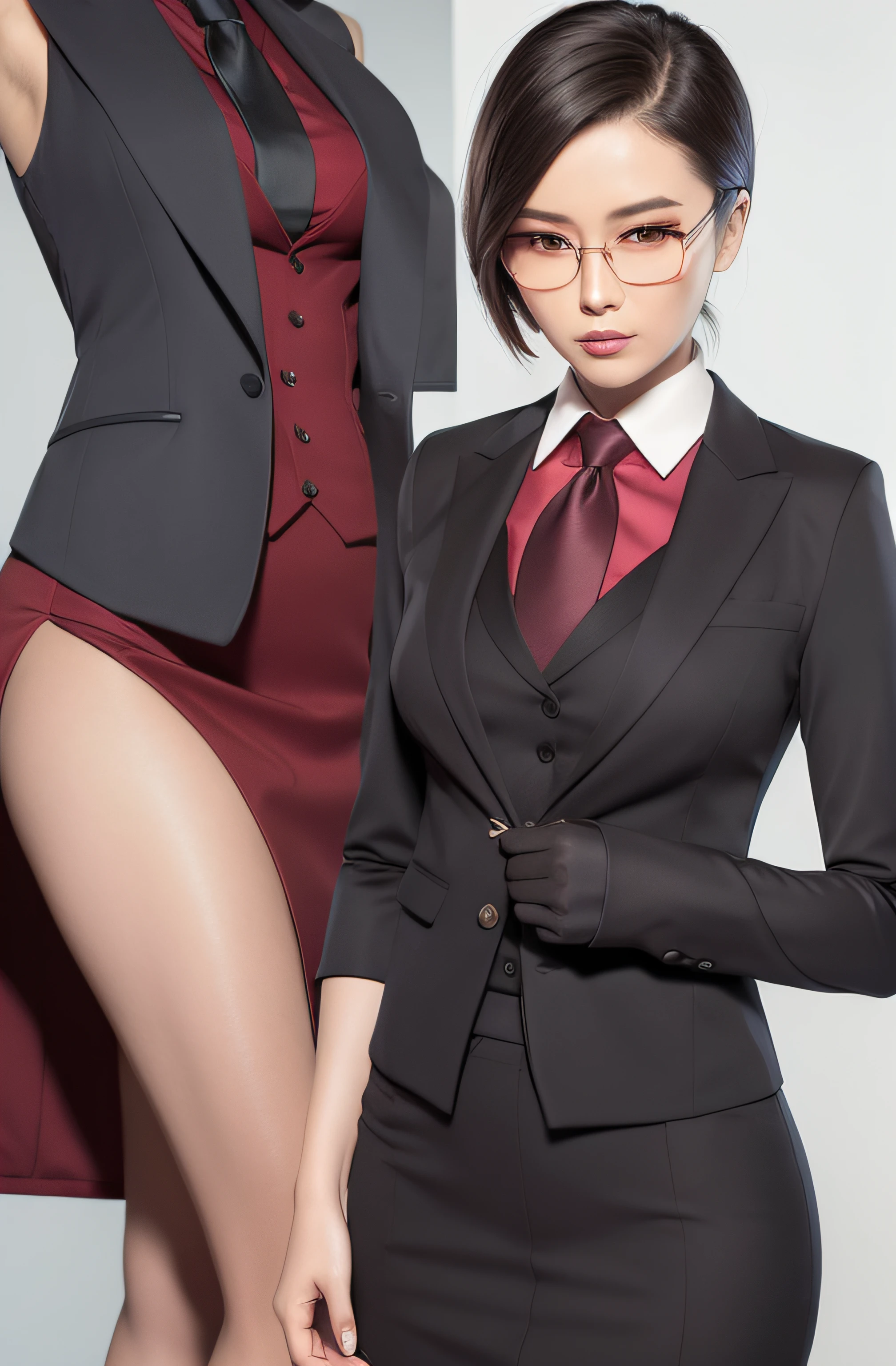 1 woman, ada wong, skirt suit, (((three-piece suit))), necktie, blazer, (((suit jacket))), (((waistcoat))), double-breasted waistcoat, bodycon miniskirt, pencil skirt, tie clip, pocket square, pocket watch, pantyhose, high heels, glasses, makeup, lipstick