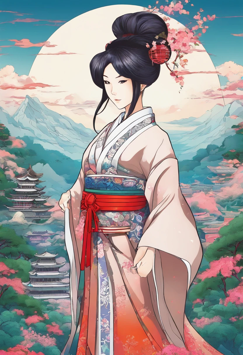 Asian,cabelos longos,vestindo kimono, espadachim, guerreira, huntress, Dragon Breath, Mountain scenery, batalha, destruction, poder,