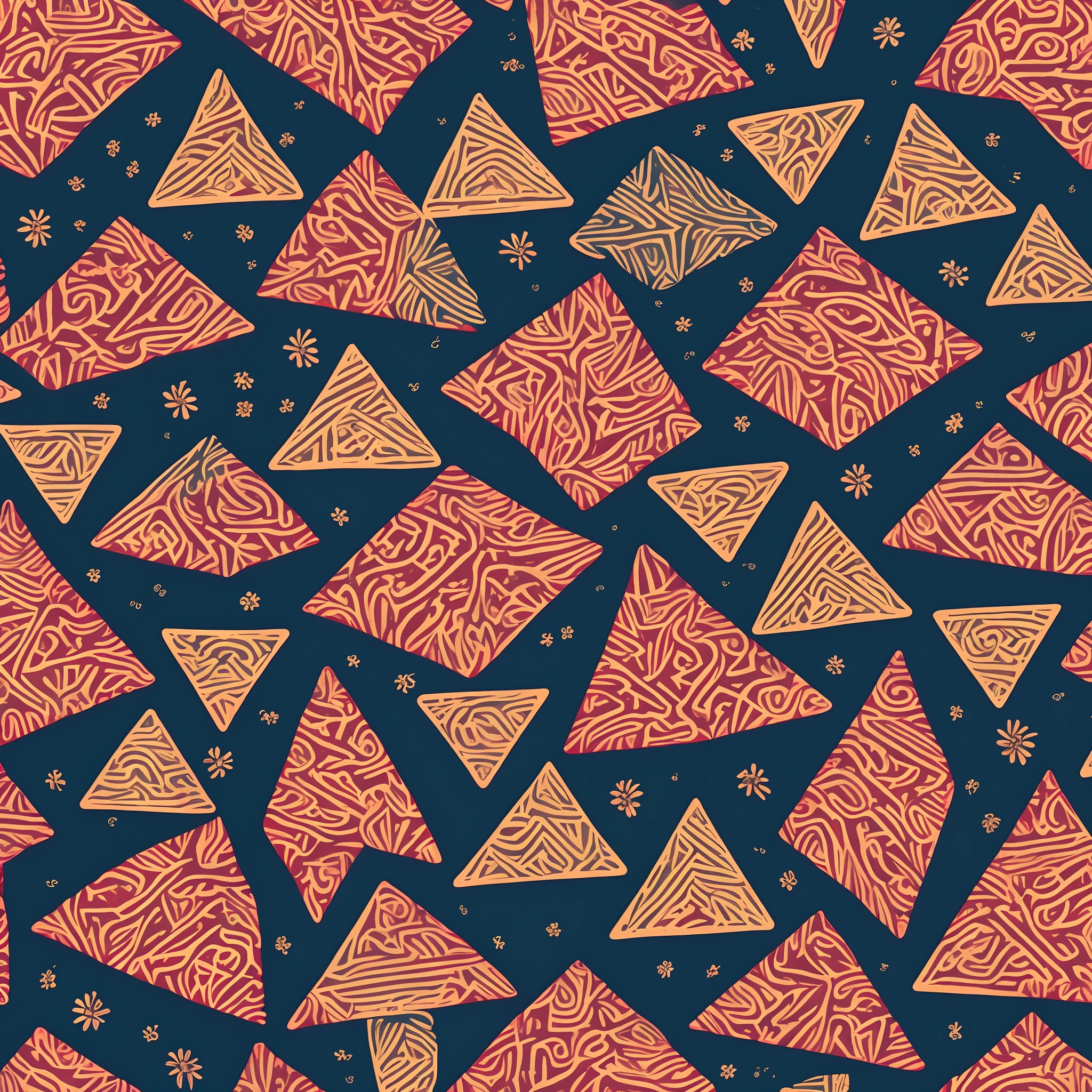 "Generate a seamless pattern that fuses the rich
Polynesian heritage with an energetic 80s aesthetic. Blend traditional Polvnesian motifs like tribal patterns and Tiki elements with bold geometric shapes, such as triangles and zigzags.
Integrate vibrant Aloha flowers into the design, using a color palette that combines earthy tones with 80s neons like red white and gold .