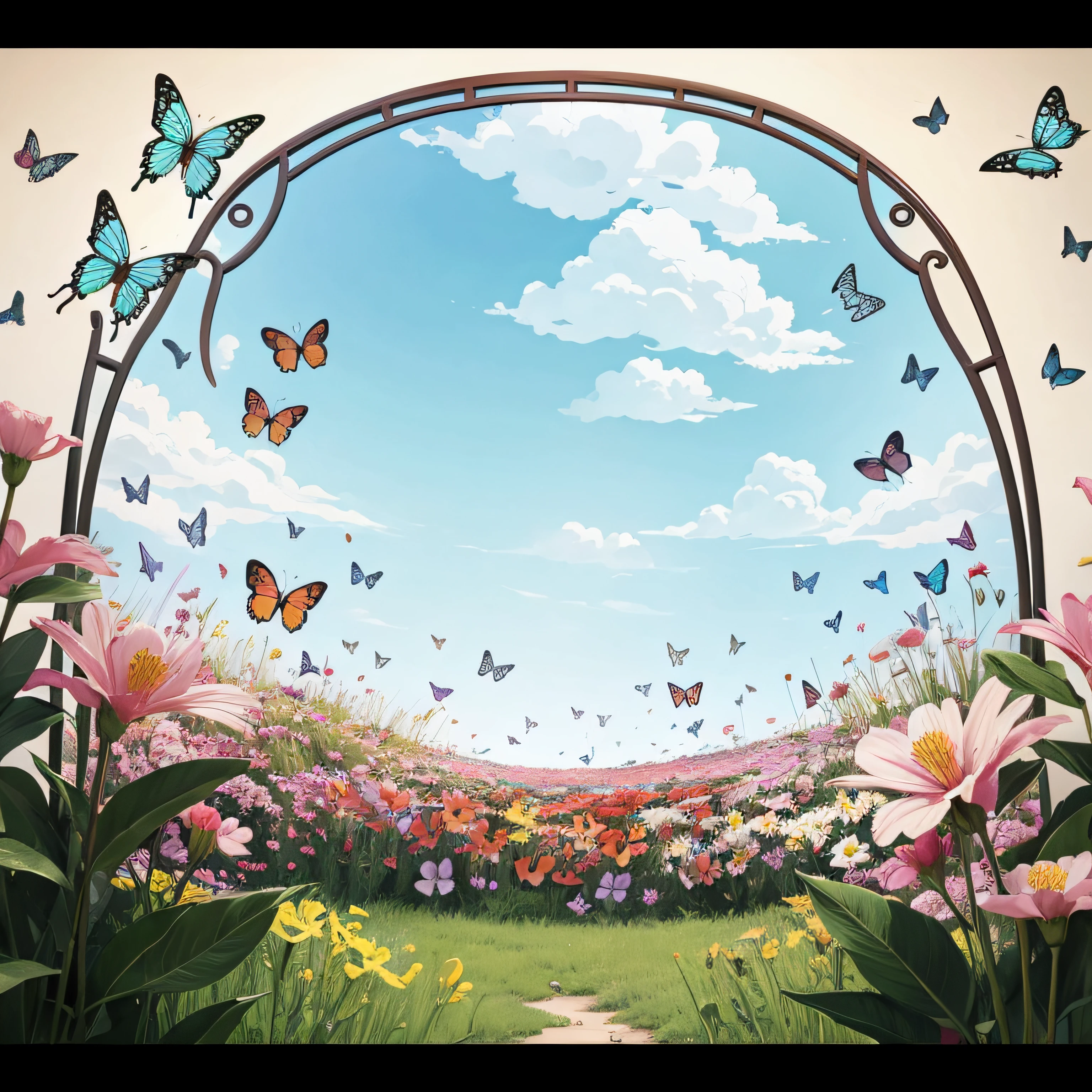Flower foreground,Butterflies surround,Illustration style,China-style ,transparent background