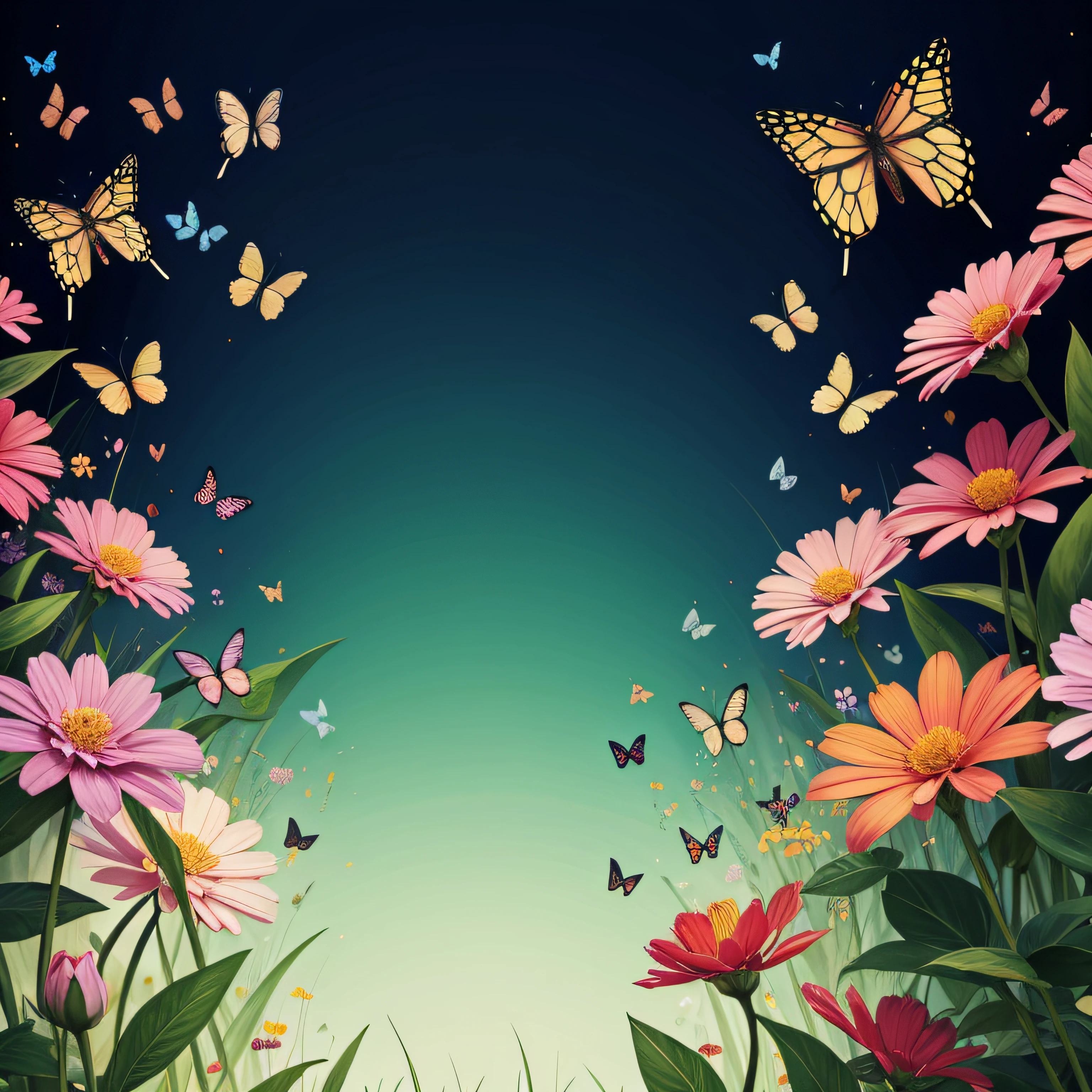 Flower foreground，Butterflies surround，Illustration style，China-style ，transparent background