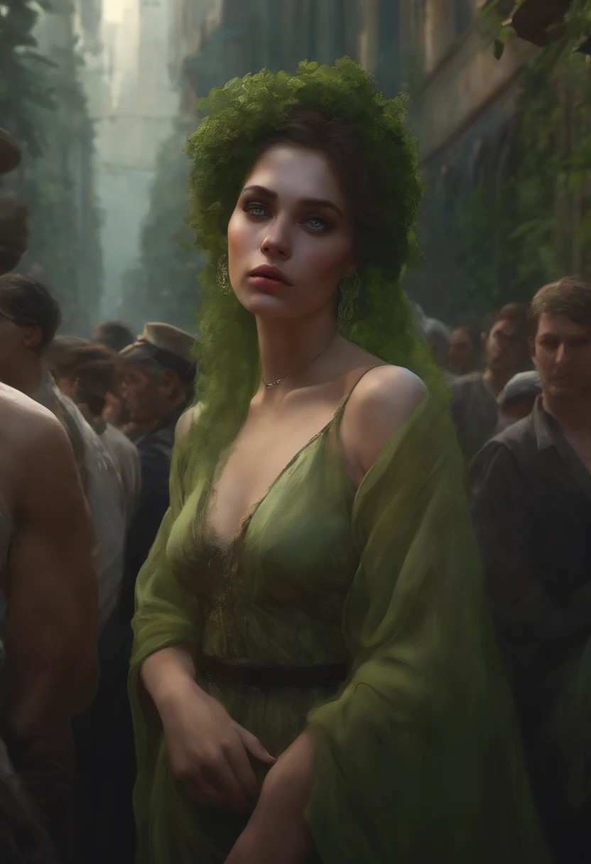 a portrait of a lonely beauty zombie girl alone in a crowd, alabaster skin, grunge outfit, crawed background, doubtful poses, perfect face, hyper detailed, dead inside, green eyes, (extremely detailed cg unity 8k wallpaper), the most beautiful artwork in the world, atey ghailan, in the style of studio ghibli, by jeremy mann, greg manchess, antonio moro, intricate, high detail, photorealistic painting art by midjourney and greg rutkowski, matte, bryan organ, extremely detailed cg unity 8k wallpaper, high detail, photorealistic painting art by midjourney and greg rutkowski, matte, bryan organ, extremely detailed cg unity 8k wallpaper, high detail, photorealistic painting art by midjourney and greg rutkowski, matte, bryan organ, extremely detailed cg unity 8k wallpaper, high detail, photorealistic painting art by midjourney and greg rutkowski, matte, bryan organ