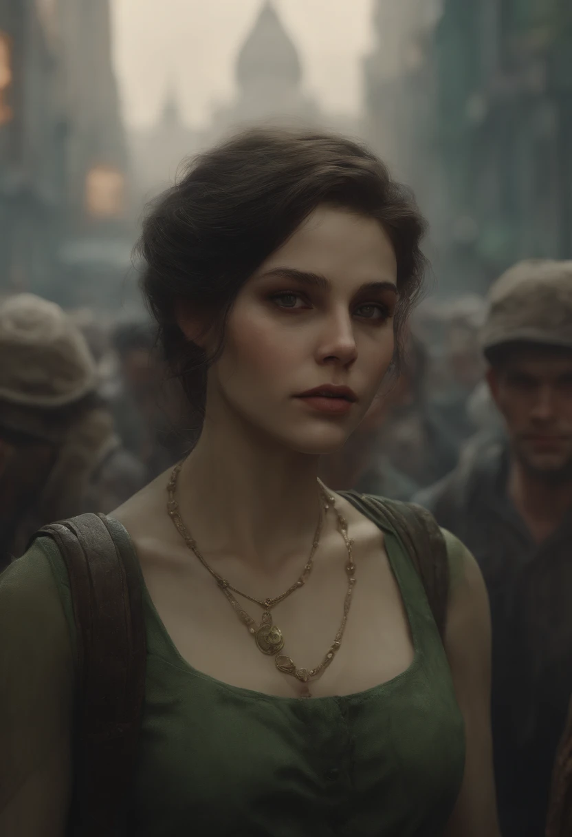 a portrait of a lonely beauty zombie girl alone in a crowd, alabaster skin, grunge outfit, crawed background, doubtful poses, perfect face, hyper detailed, dead inside, green eyes, (extremely detailed cg unity 8k wallpaper), the most beautiful artwork in the world, atey ghailan, in the style of studio ghibli, by jeremy mann, greg manchess, antonio moro, intricate, high detail, photorealistic painting art by midjourney and greg rutkowski, matte, bryan organ, extremely detailed cg unity 8k wallpaper, high detail, photorealistic painting art by midjourney and greg rutkowski, matte, bryan organ, extremely detailed cg unity 8k wallpaper, high detail, photorealistic painting art by midjourney and greg rutkowski, matte, bryan organ, extremely detailed cg unity 8k wallpaper, high detail, photorealistic painting art by midjourney and greg rutkowski, matte, bryan organ