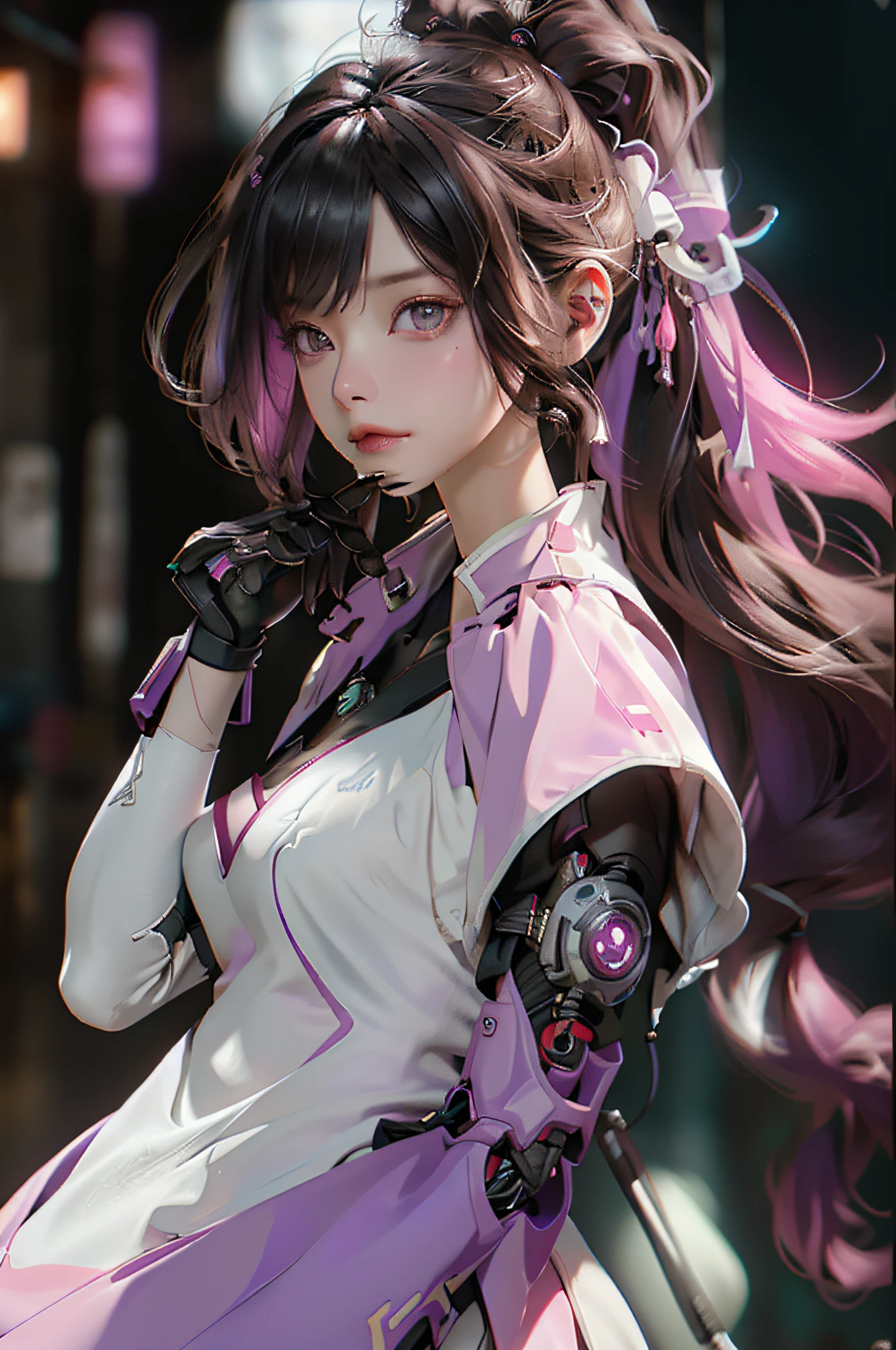 (Theme colorPink)、((best qualtiy)),Cyborg style cyborg girl,Brown hair and purple,up do hairstyle,Wear headphones in the shape of rabbit ears and a gas mask,There is a green light on the surface of the gas mask,Dressed in a white suit,The clothes have a long pink strip of light,Pink eyes,(black glove),The left hand is a mechanical prosthesis,The body is connected by wires and pipes, ((tmasterpiece)), (detaileds:1.4), 。.。.。.。.。.。.。.。.3D, A beautiful cyberpunk female image,nffsw(HighDynamicRange),Ray traching,NVIDIA RTX,Hyper-Resolution,Unreal 5,Subsurface scattering、PBR Texture、post processed、Anisotropy Filtering、depth of fields、maximum definition and sharpness、multi-layer texture、Albedo e mapas Speculares、Surface Coloring、Accurate simulation of light-material interactions、perfectly proportions、Octane Render、Cyberpunk City Night、multi-colored neon lights、Large aperture、Low ISO、White Balance、The Rule of Thirds、8K Raw、
