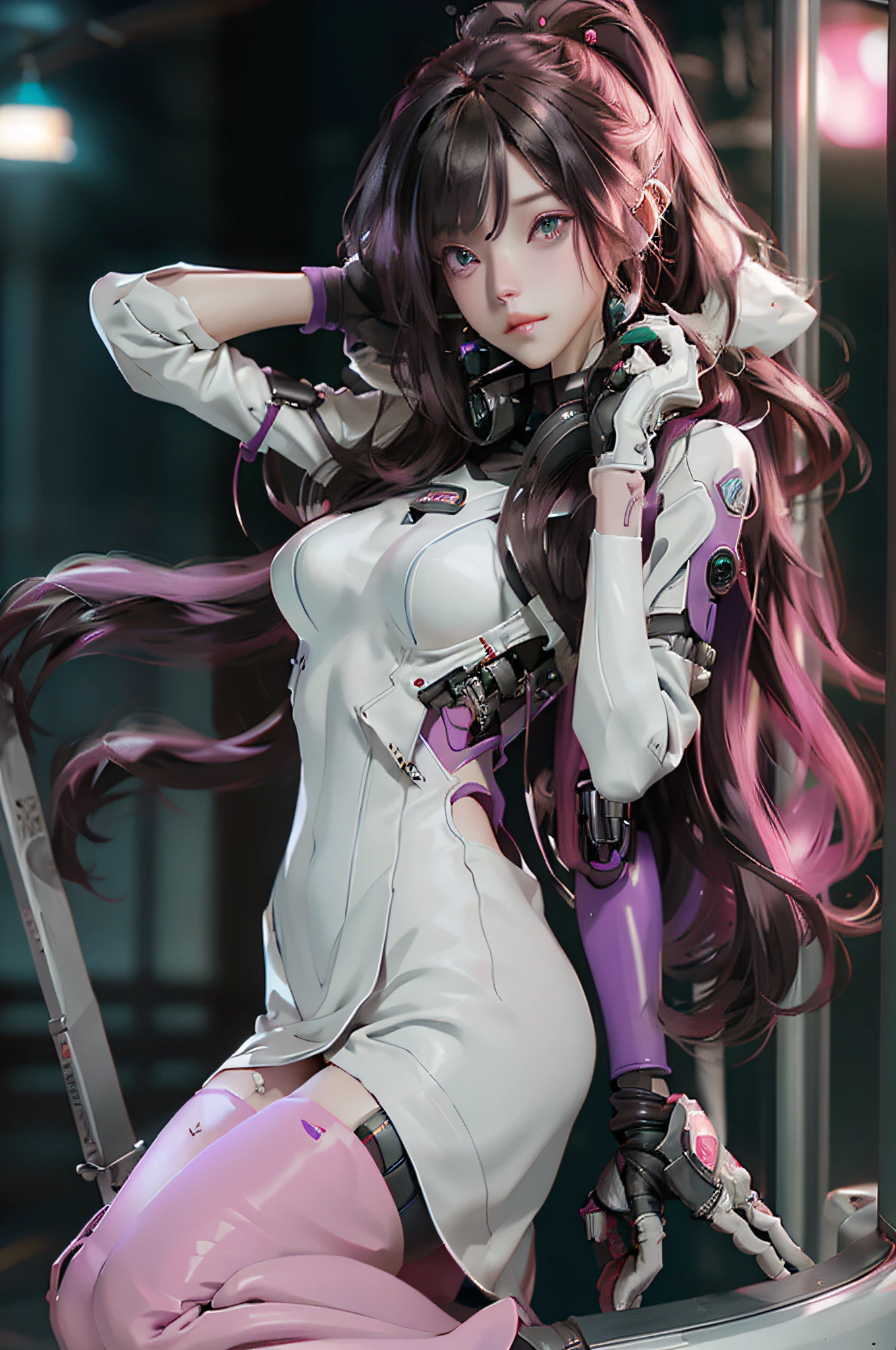 （Theme colorPink）、((best qualtiy)),Cyborg style cyborg girl，Brown hair and purple，up do hairstyle，Wear headphones in the shape of rabbit ears and a gas mask，There is a green light on the surface of the gas mask，Dressed in a white suit，The clothes have a long pink strip of light，Pink eyes，（black glove），The left hand is a mechanical prosthesis，The body is connected by wires and pipes， ((tmasterpiece)), (detaileds:1.4), 。.。.。.。.。.。.。.。.3D, A beautiful cyberpunk female image,nffsw（HighDynamicRange）,Ray traching,NVIDIA RTX,Hyper-Resolution,Unreal 5,Subsurface scattering、PBR Texture、post processed、Anisotropy Filtering、depth of fields、maximum definition and sharpness、multi-layer texture、Albedo e mapas Speculares、Surface Coloring、Accurate simulation of light-material interactions、perfectly proportions、Octane Render、Cyberpunk City Night、multi-colored neon lights、Large aperture、Low ISO、White Balance、The Rule of Thirds、8K Raw、