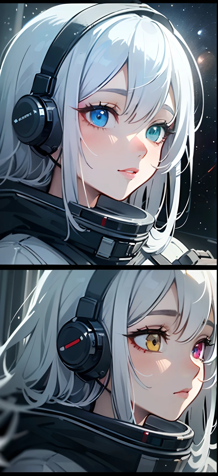 (A better quality masterpiece in close-ups:1.5)0.9], (Space and astronauts:1.2) (Messy silver hair:1.1) (Yellow eyes，Heterochromia and blue eyes:1.2) (Space helmet:1.0) (Colored stars in the eyes:1.0) (radiant light:1.1) (large lips:0.9)