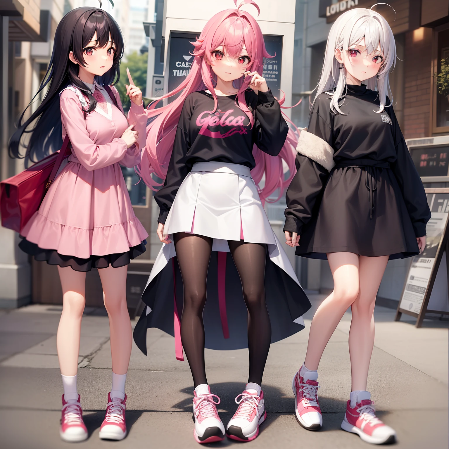 Anime style、1 girl in、cuerpo completo Esbian、Mostrar las sonrisas、{peinado en:(cabello rosado)、(Longhaire),(Pelo de antena),(de doble cola)}、ojos rosados、sudadera con capucha rosa、Pendientes de cuatro hojas、Minifalda rosa、black pantyhose, Calcetines altos blancos、para estar de piepink sneakers、Frontal composition