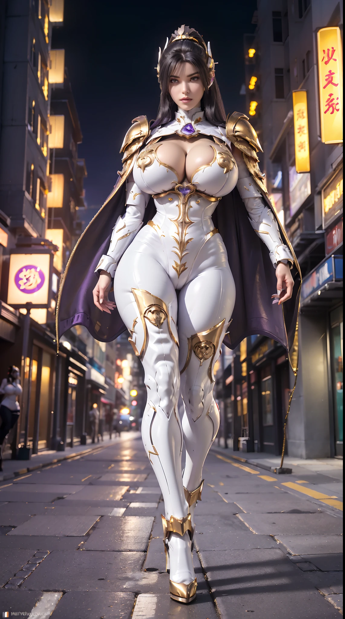 1GIRL, SOLO, (makeup, beautifull eyes, black ponytail hair, gold ornament hair), (BUSTY HUGE FAKE BOOBS:1.3), (GUARD ARM, GLOVE), IMMORTAL, (white, purple, gold, FUTURISTIC DRAGON MECHA ARMOR SUIT, ROYAL CAPE, CLEAVAGE, SKINTIGHT YOGA HOTPANTS, HIGH HEELS:1.5), (SEXY BODY, SEXY LONG LEGS, FULL BODY:1.3), (FROM FRONT, LOOKING AT VIEWER:1), (WALKING DOWN ON STREET NIGHT CITY:1.3), PHYSICALLY-BASED RENDERING, ULTRA HIGHT DEFINITION, 8K, 1080P.