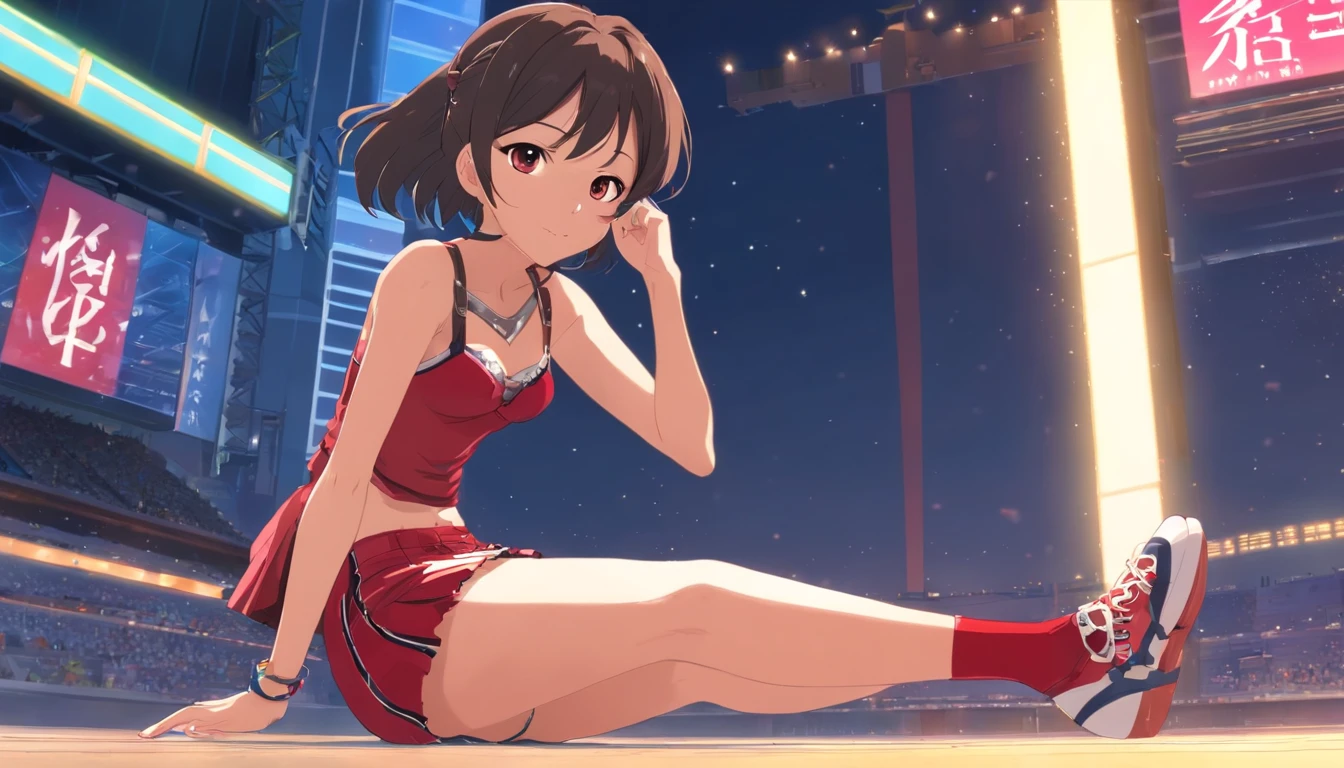 Jenna Ortega dressed as a stripper dressed in red, white and black with diamonds, miniskirt that is very tight to the body and too short, showing her panties, sitting on the floor with her legs raised and showing her panties, conceptual art by Kaburagi Kiyokata, featured on pixiv , futuristic art, official art, anime, full body