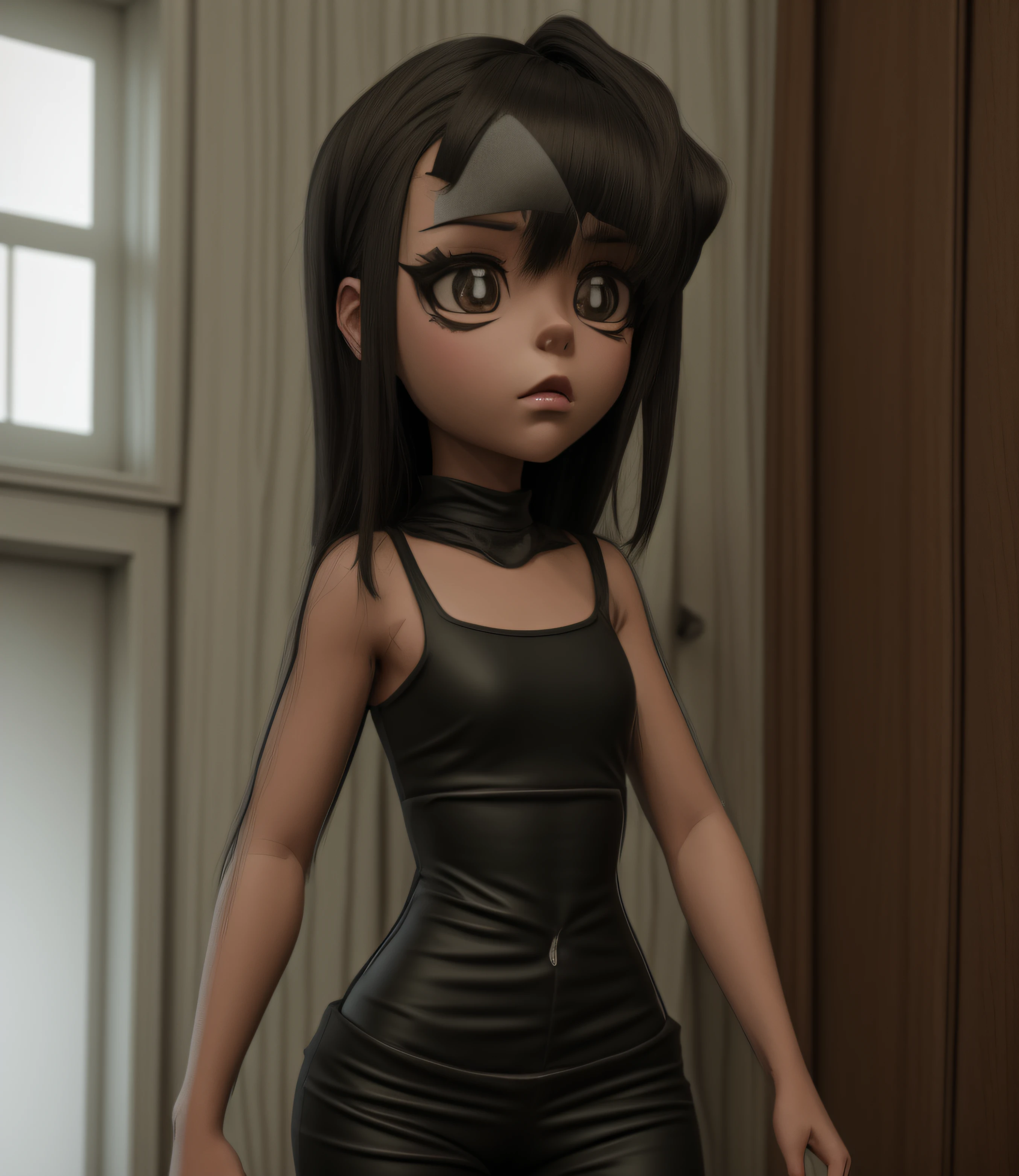 a cartoon girl with black hair and red eyes in a black top, anime styled 3d, render of a cute 3d anime girl, stylized anime, anime stylized, 3 d render stylized, stylized character, highly detailed character, 3d anime girl, animation character, 3 d character, 3d character, stylized 3 d, toon shading, sexy expresion, bedroom eyes