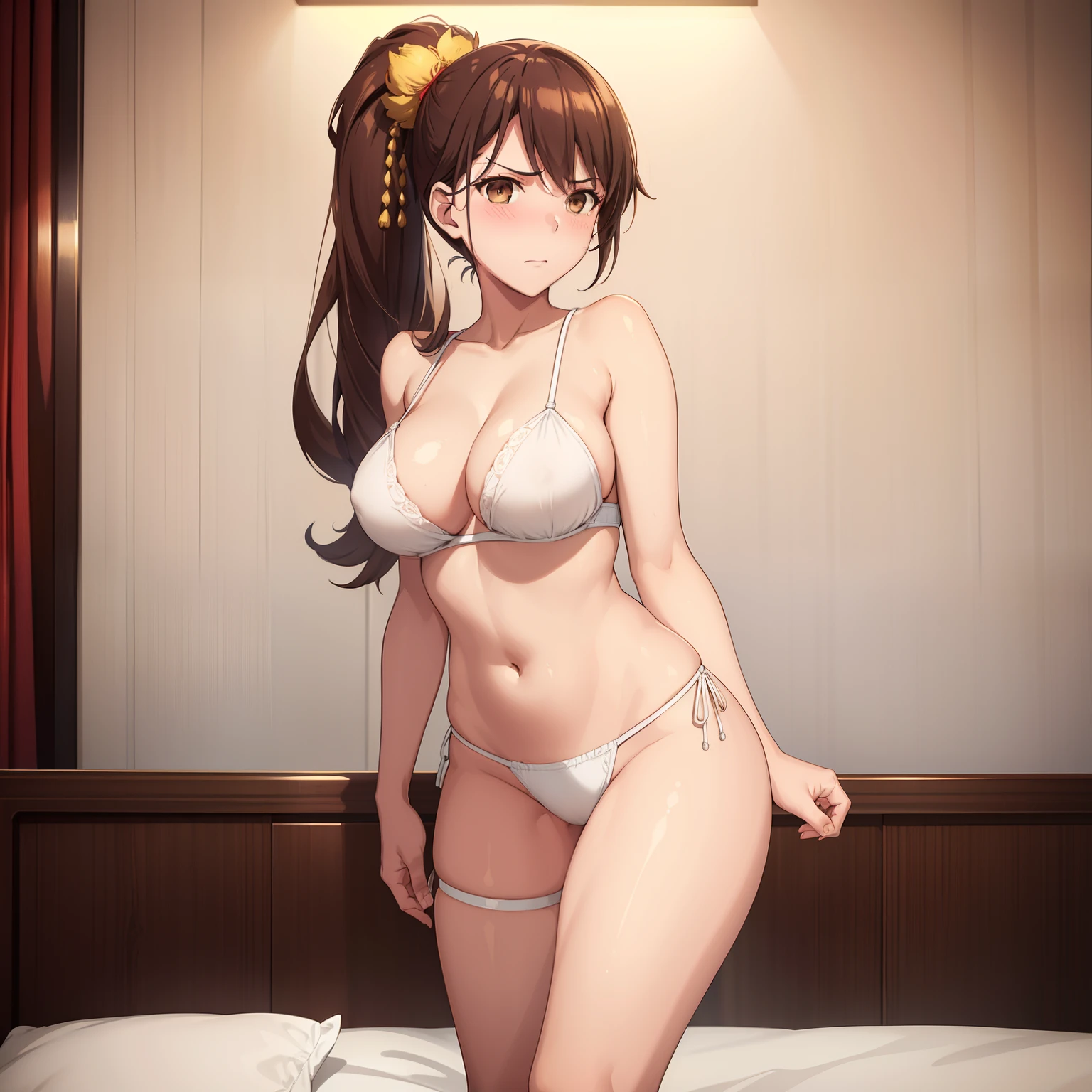 1girl,big breasts,hotel room,bed,(8k),
,detailed face,brown hair,brown eyes,long hair_ornament,side ponytail,embarassed,shy,high_res, high_definition,sexy pose,white sexy lingerie,open legs,