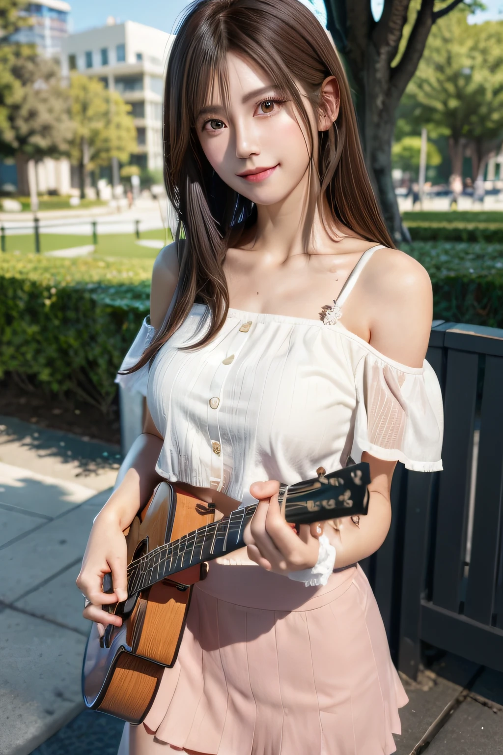 (Girl standing and playing guitar in park:1.3),White lace loose shirt emphasizing off-shoulder chest,tight skirts,Visible through the fabric.Solo Idol Girl,Happy smile,short hair with shiny light brown and pink stripes,,,,Perfect face,Proper body proportion,masutepiece,Super high-quality output images,hight resolution,Intricate details,Very delicate and beautiful hair,photos realistic,Dreamy,Professional Lighting,realistic shadow,Solo Focus,Beautiful hands,Beautiful fingers,Detailed finger features,detailed clothes features,Detailed hair features,detailed facial features,