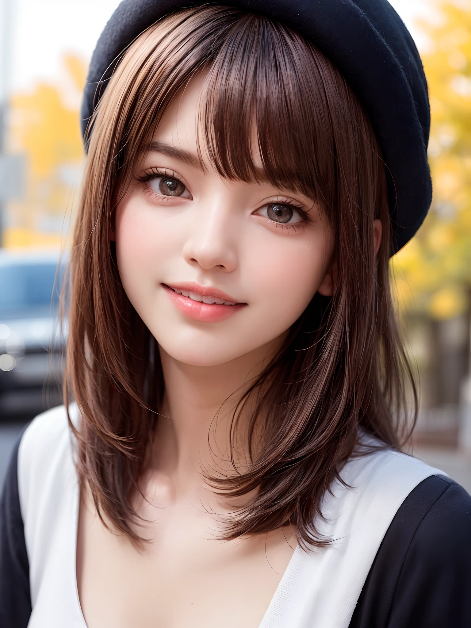 (masterpiece, top-quality、Very attractive adult beauty、Add intense highlights to the eyes、Look firmly at the camera),1girl in, 独奏, A dark-haired, scarf, Hats,, realisitic, looking at the viewers, black eyes of light color, shorth hair, coat, Winter clothes, White headscarf, s lips, lipgloss,bangss, The upper part of the body、big eye、Lashes)、((Road system in Italy))、((Shorthair with bangs、big eye、Put very strong highlights in your students、very Bigger breasts、gazing at viewer、Very beautiful beauty、Put your ears out、long neck、little smiling、Beautiful teeth、Open your mouth and smile))、28 year old、Very cute supermodel
