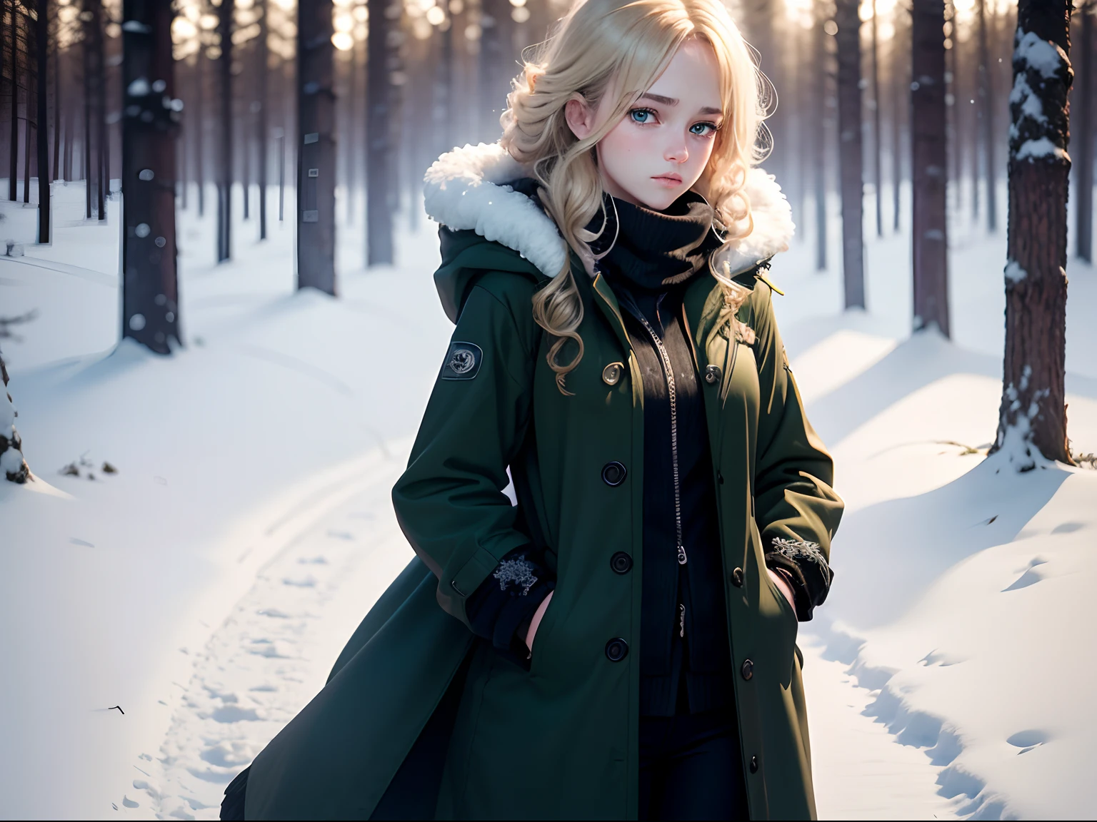 realistic, 8k image of a 15 year old girl, curly blonde hair, gorgeous, extremely detailed green eyes, dressed in a black coat and black pants, sad expression, standing in a clearing in a snow-covered forest, pure expression, Morning , Anime style art