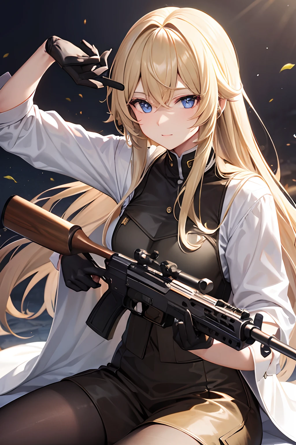 femele、With a rifle、a blond、The long-haired、Gloves on hands、Clear face、Hunting clothing