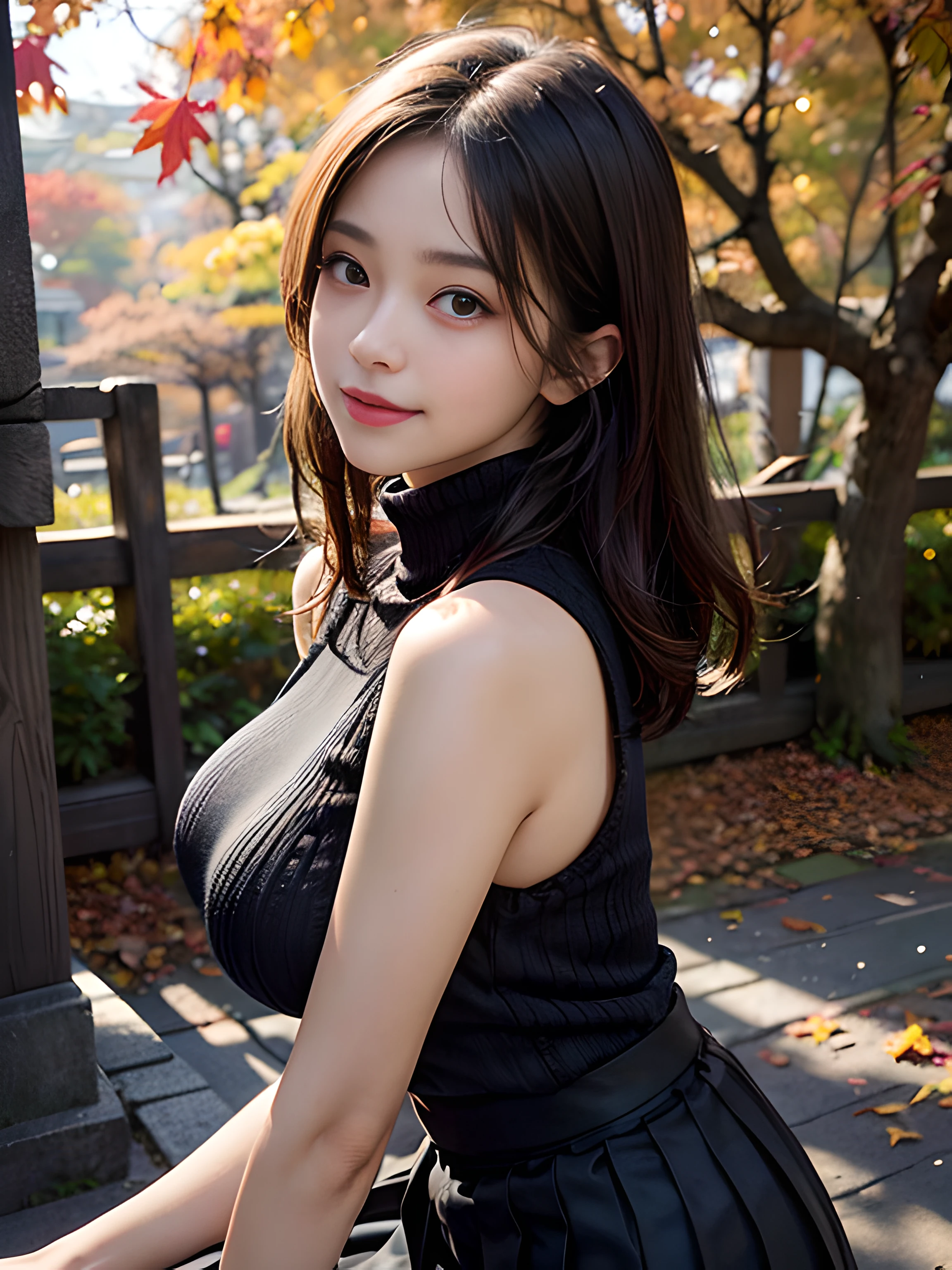 highest quality, figure, super detailed, finely, High resolution, 8k wallpaper, 完璧なダイナミックな構figure, beautiful skin, (Big eyes that shine like jewels), 20 year old beautiful girl, natural color lip, random sexy poses, Chest middle, smile, Highly detailed face and skin texture, Detailed eyes, Double eyelid,leaking teeth and laughing, close-up, profile, long black hair, (black sweater:1.2), beautiful forest