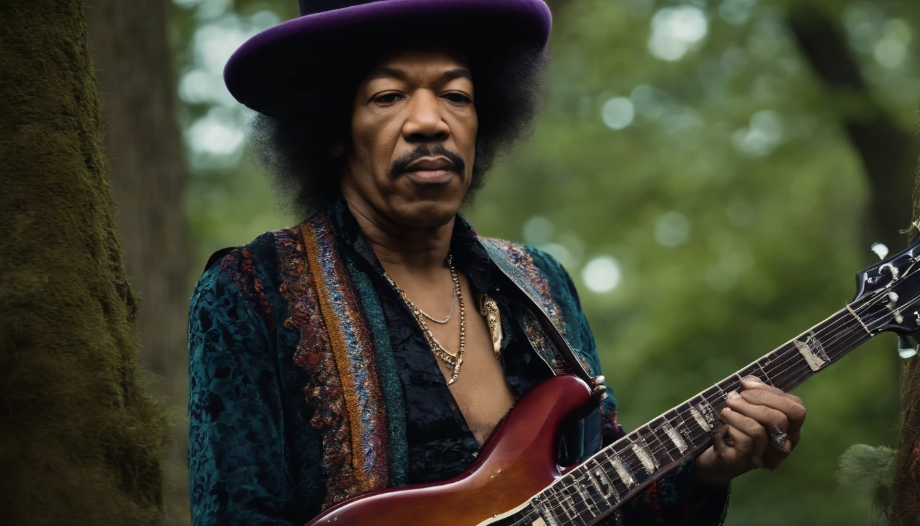 photographic image if Jimi Hendrix were alive and old. Ultra realista, 4k
