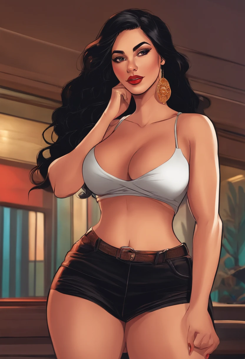 tall woman, with straight black hair, big breasts, prominent hips, big butt, she is a little overweight, she is wearing a T-shirt that does not cover her body much and some tight shorts.