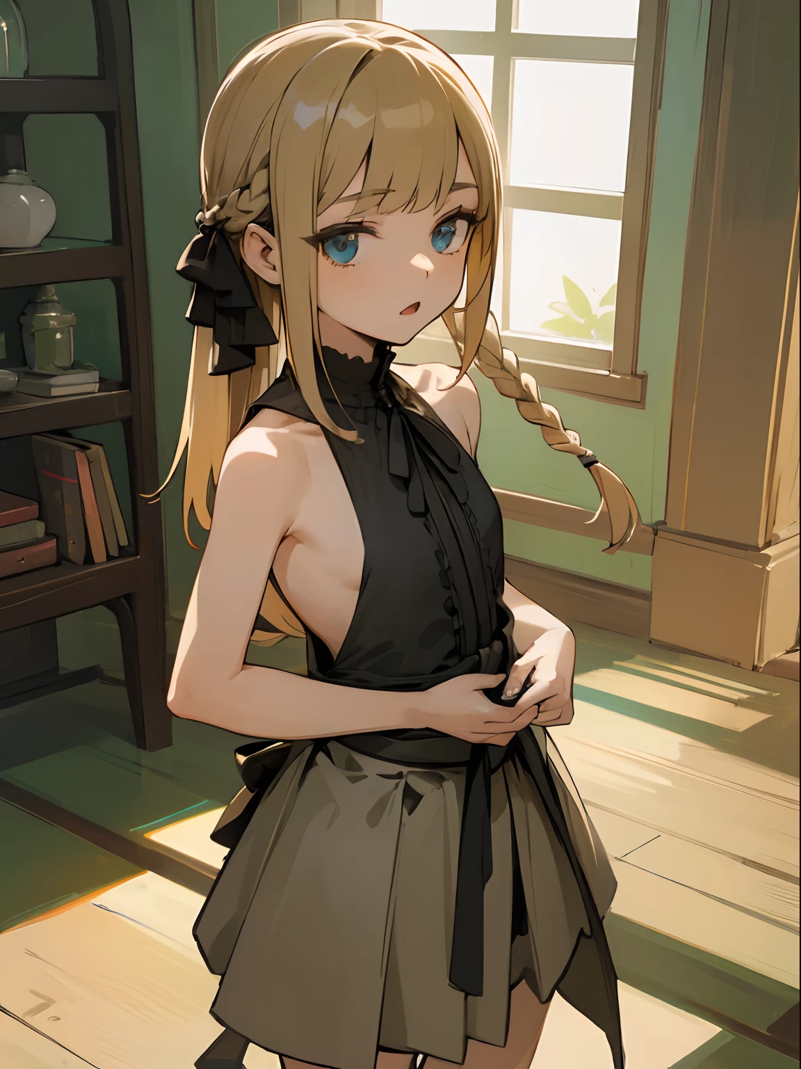 top-quality、masterpiece、The upper part of the body、 (little man:1.6)Ukrainian women、(a smirk:0.4)、 braided blond hair、 emerald eyes、 Medieval dress neckline、 Ghibli's Worldview、central、Blur the background、独奏、flat chest , Flat、childish、Infant body type、toddlers