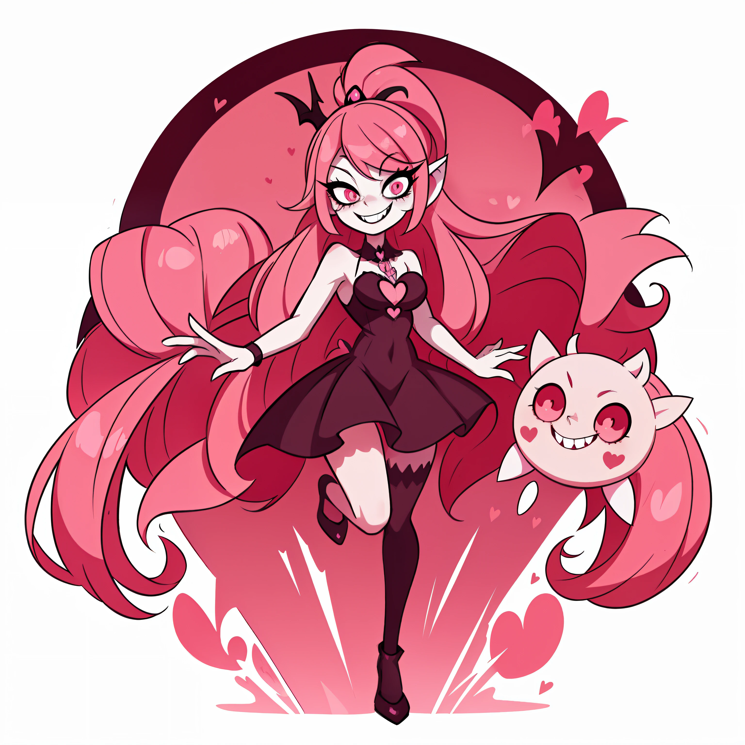 Hazbin Hotel style demon, long pink hair, heart eyes, insane smile, full body, cross on her chest