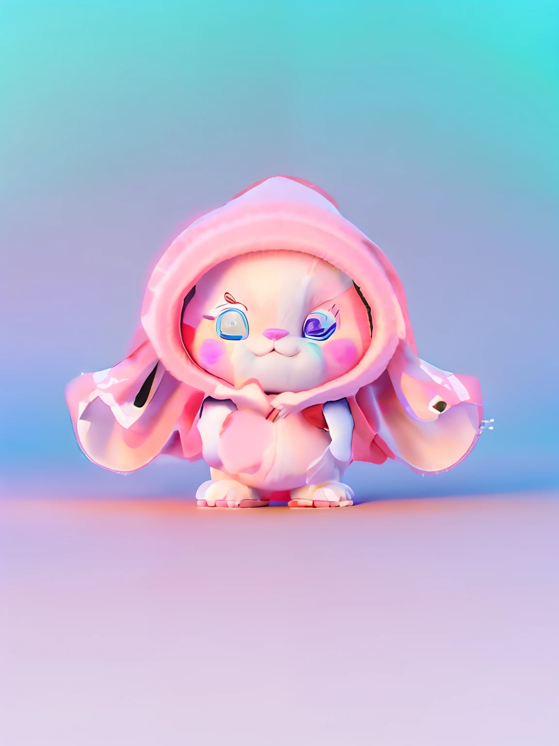 A cartoon character of a man in a hoodie, cute anthropomorphic bunny, Cute cartoon character, wearing a hood with pointy ears, wearing a bunny suit, Cartoon Cute, , with long floppy rabbit ears, thick black lineart, Peach blossom ornaments, cute character, cute funny ghost, thick vector line art, line art illustration，Pink tones,C4D，overclocking,popmart,clean backdrop,Disney，adorable expression