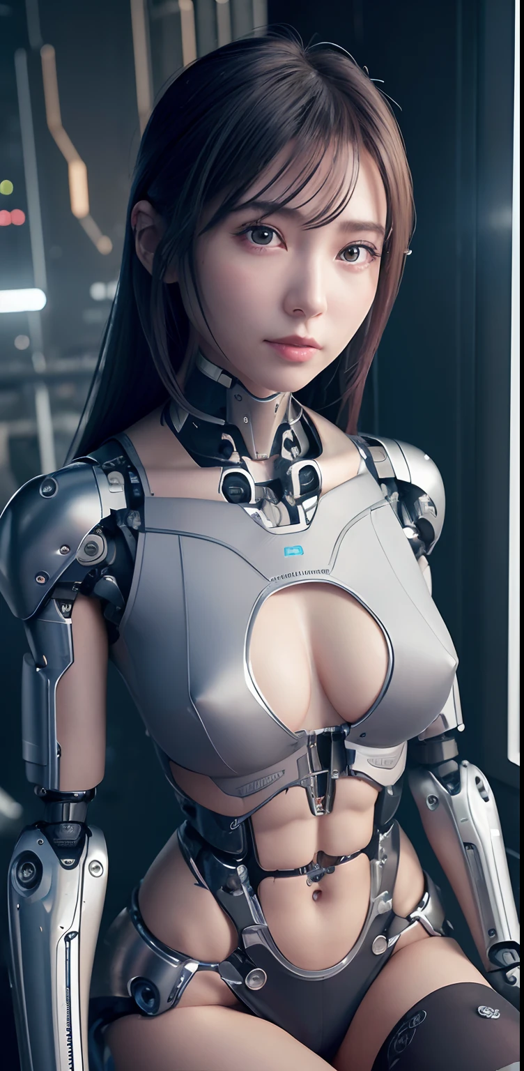 top-quality、​masterpiece、超A high resolution、(Photorealsitic:1.4)、((a beauty girl:1.6)), 1 full-body cyborg girl、、NOhumans、((The skin part is only the face)), Luminous Eyes、In the ruins、((Lots of split metal chest protectors)), Metal Robot、((The whole body is the body of a combat robot))、((Body parts are robot parts:1.8))、((The internal mechanisms of the chest are exposed)), ((Mechanical chest armor with LED indicators and meters)), Robot arms and legs、((Exposed metal skeleton of the abdomen))、Metal skeleton of the cervical region、Under repair、destroyed body、Metal Mechanical Bra、Full Body Metal Skin、Metal bodysuit、Metal scales covering the whole body、body made of metal、Whole body metal、a beauty girl、prosthetic hand、artificial leg、Full body cyborg、Exposed metal skeleton、Asian Beauty、cyberpunked、steampunc、Inside the futuristic space battleship、laboratory、Complex 3d rendering beautiful porcelain profile ultra detailed female type android face、dark brown  hair、glowy skin、((super realistic details))、portlate、globalillumination、Shadow、octan render、metals、Details of complex ornaments、Japan details、highly intricate detail、Realistic light、CGSoation Trends、a purple eye、radiant eyes、Facing the camera、neon details、Mechanical limbs、blood vessels connected to tubes、Mechanical vertebrae attached to the back、mechanical cervical attaching to neck、sitting on、Wires and cables connecting to the head、Gundam、Small LED lamp、​masterpiece、 Metal Robot、body made of metal、Whole body metal、prosthetic hand、artificial leg、Full body cyborg、Exposed metal skeleton、Asian Beauty、cyberpunked、steampunc、Futuristic cities、laboratory、Complex 3d rendering beautiful porcelain profile super detailed female android face、cyborgs、roboticparts、150mm、beautiful studio soft light、Rim Lights、vibrant detail、luxuriouscyberpunk、Ren Hao、surrealistic、Anatomical、face muscles、cable electric wires、microchips、elegent、beatiful backgrounds、octan render、HR Giger Style、8K、top-quality、​masterpiece、illustratio、extr