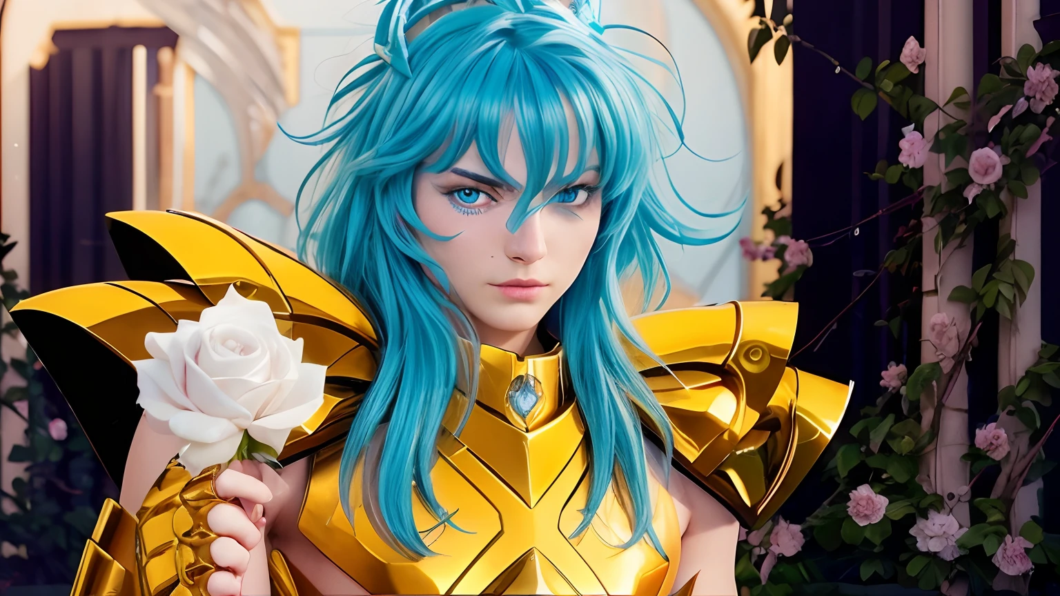 Cinematic stunningly detailed and ultra-realistic od Afrodite os pisces of Saint Seiya. Close up. He is wearing pretty realistic golden armor. Bright golden armor. Detailed gold armor. Octane is the perfect tool to capture the softest details of this 16k photography masterpiece. He is a handsome caucasian man about 35 years old. 1boy. Beautiful face. Delicate face. Swedish man. Detailed face. Beautiful nose. (Pretty big blue eyes). Perfect eyes. Shaved. He has long light blue massy hair. Bands. Messy hair. ((Shaved)). He is holding a white rose. He is the most beautiful golden saint of Saint Seiya.