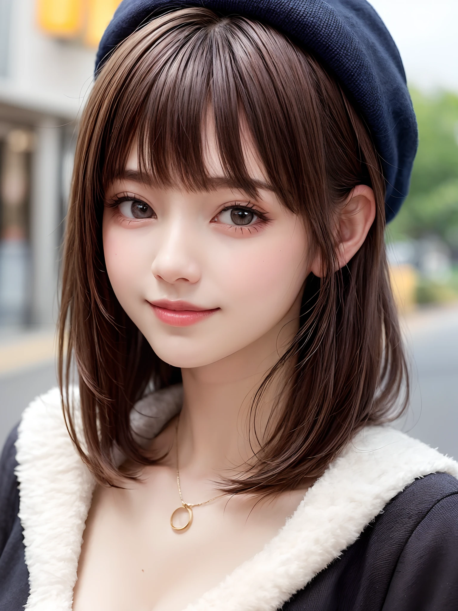 (​masterpiece, top-quality、Very attractive adult beauty、Add intense highlights to the eyes、Look firmly at the camera),1girl in, 独奏, A dark-haired, scarf, Hats,, realisitic, looking at the viewers, black eyes of light color, shorth hair, coat, Winter clothes, White headscarf, s lips, lipgloss，bangss, The upper part of the body、big eye、Lashes)、((Road system in Italy))、((Shorthair with bangs、big eye、Put very strong highlights in your students、very Bigger breasts、gazing at viewer、Very beautiful beauty、Put your ears out、long neck、little smiling、Beautiful teeth、Open your mouth and smile))、28 year old、Very cute supermodel