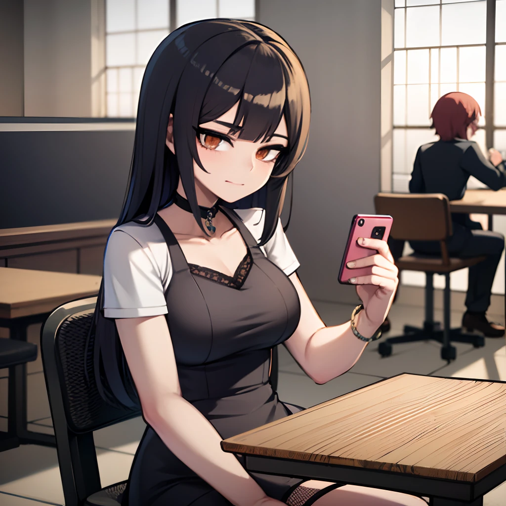 Anime girl sitting at a table with a cell phone in her hand, anime moe artstyle, Garota Anime usando um vestido preto, kantai collection style, garota misteriosa da cafeteria, de meninas da linha de frente, meninas estilo linha de frente, Digital anime illustration, menina anime sedutora, detalhes finos. meninas da linha de frente, estilo anime 4K, menina anime atraente, Meninas da linha de frente cg, arte de anime digital