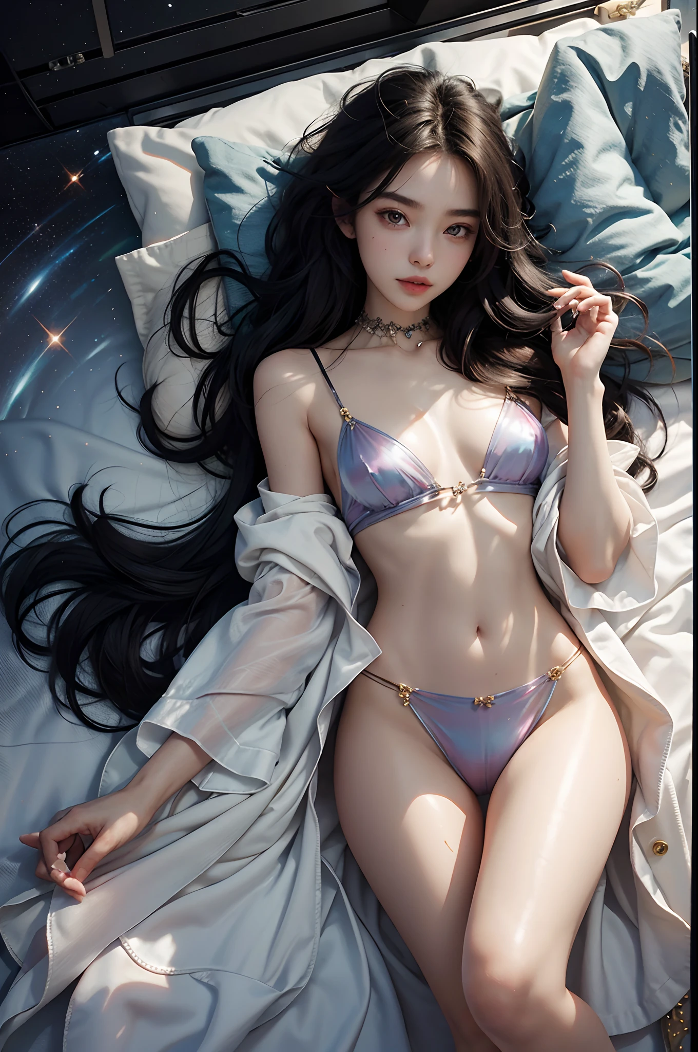 1girll,(enchanced quality:1.4),(Top quality true texture skin), Delicate face,Black hair, Gradient hair, Petite body,(perfect bodies:1.1), There are precious stones on the forehead, rimless eyewears, Sparkling pupils,long eyelasher,grin, hyper photorealism, Cinematic lighting, projected inset, surrealism, hyper HD, Masterpiece, 16k,Lie down,dream on,Wear transparent silk pajamas,Carmelto,Legs slightly open,Tattooed with,Fantasy space,Luxurious space