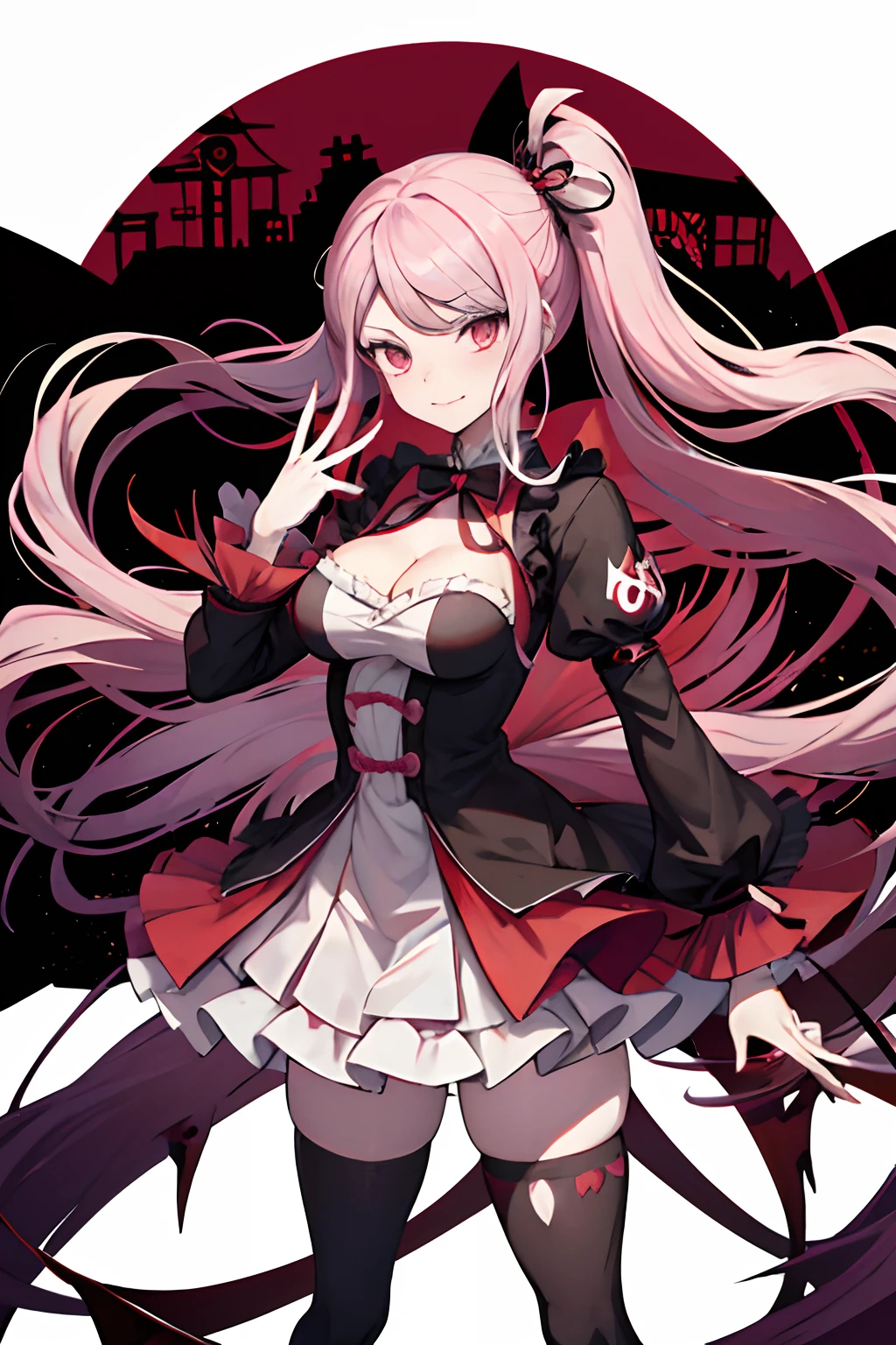 anime girl with a red and black dress and a big bow, shalltear from overlord, shalltear bloodfallen, junko enoshima from danganronpa, gothic maiden anime girl, female anime character, official character art, digital art from danganronpa, mika kurai demon, nefarious smirk, shiro from deadman wonderland