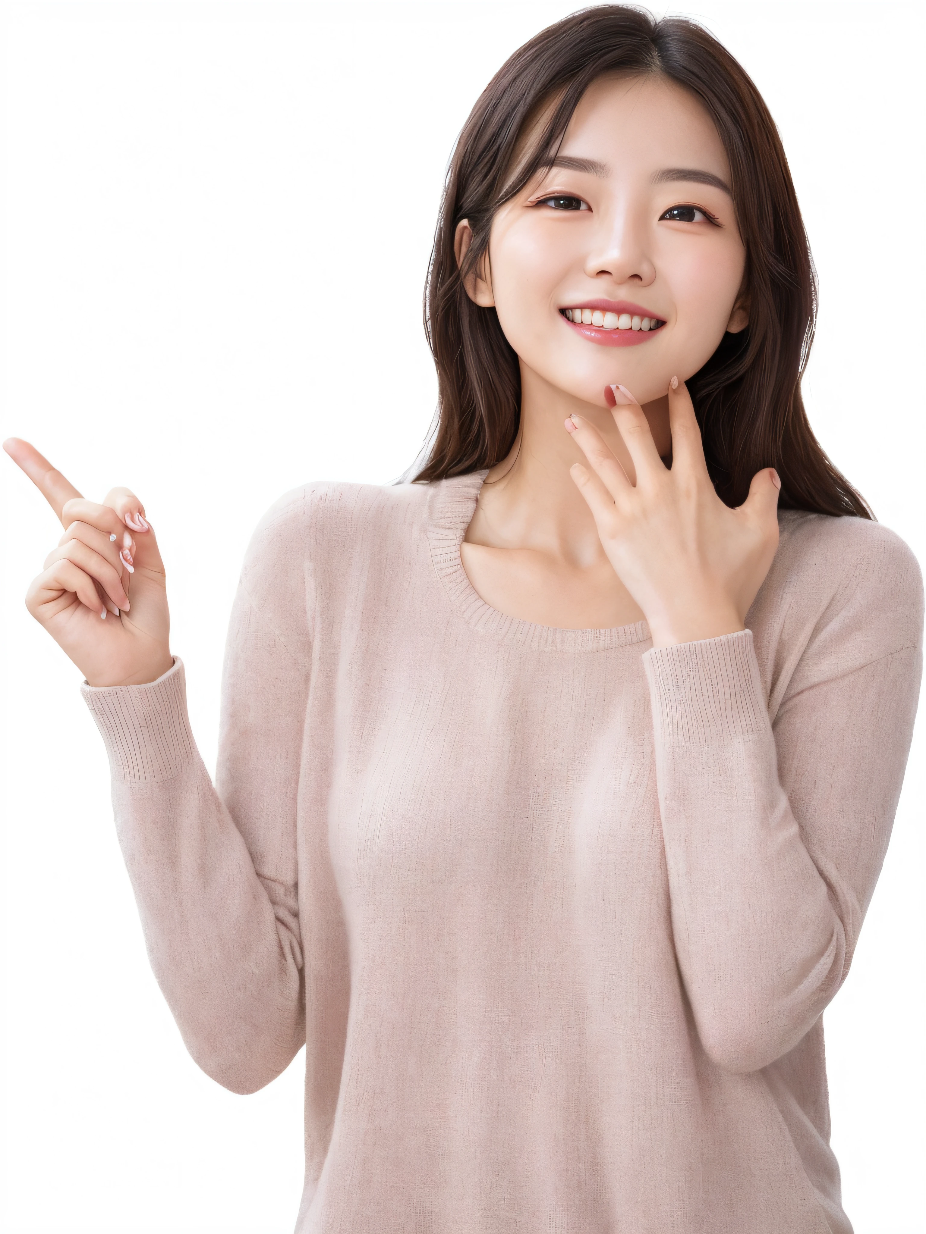 50 Years Old, Korean Girl, parent, Black hair, bobbed black hair, South Korean, Asians (8K), (Top  Quality), (​masterpiece:1.2), (Photorealistic), (photorealestic:1.37), Very detailed, Clear face, clean white background, 40-year-old girl, cute little, Portrait of a woman, Young lovely Korean face, Cute young woman, Korean Female Portrait, ((5 fingers)), The head is round and the eyes are slightly smaller., (highly detailed face:1.4) (pectorals:0.3) (Masterpieces, Highest Quality:1.2), (((plein air, studio))) Surrealist , Sorrisos, Laughter, Sweaters, (Outfocusing:0.1), tiny boobs, Bright face with lighting, Beautiful detailed eyes, Beautiful detailed nose, s whole body, film grain,((dramatic  lighting)), delicate hair, The ultra-Highres, beautiful teeth, small mouth, s whole body, Sorrisos, A gentle smile, nightstand, 1Girl, beautiful, ​masterpiece, super delicate face, perfect light, Overhead Angle, profesional lighting, HDR, Solo, parted lips, Ultra-detailed, peach buttocks, looking at viewers,