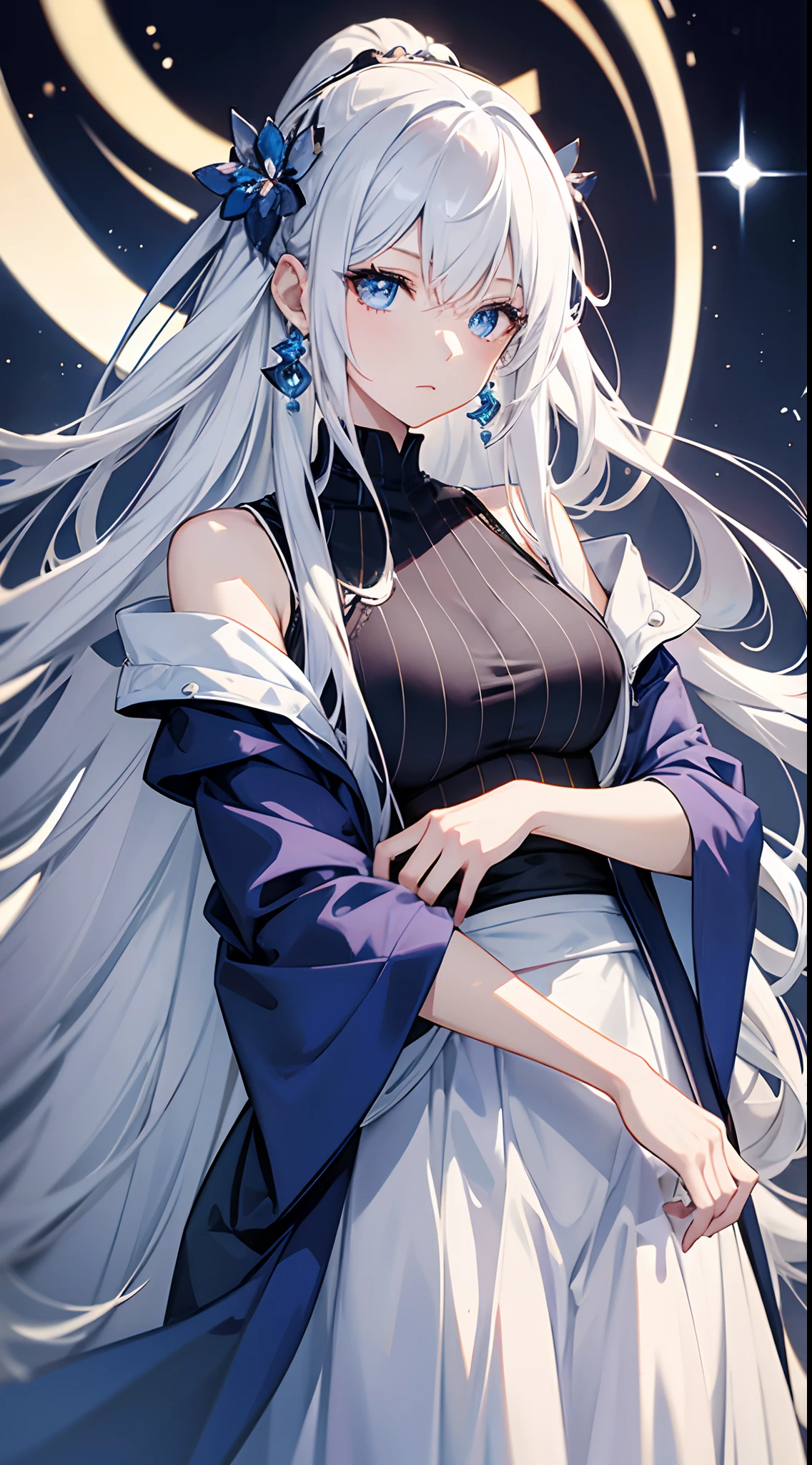 Cover magazine, anime, woman, solo, long hair, white hair, blue eyes, model, beautiful, fantasy, Casual clothes. Hair accessories. Unusual hairstyles. Earrings.