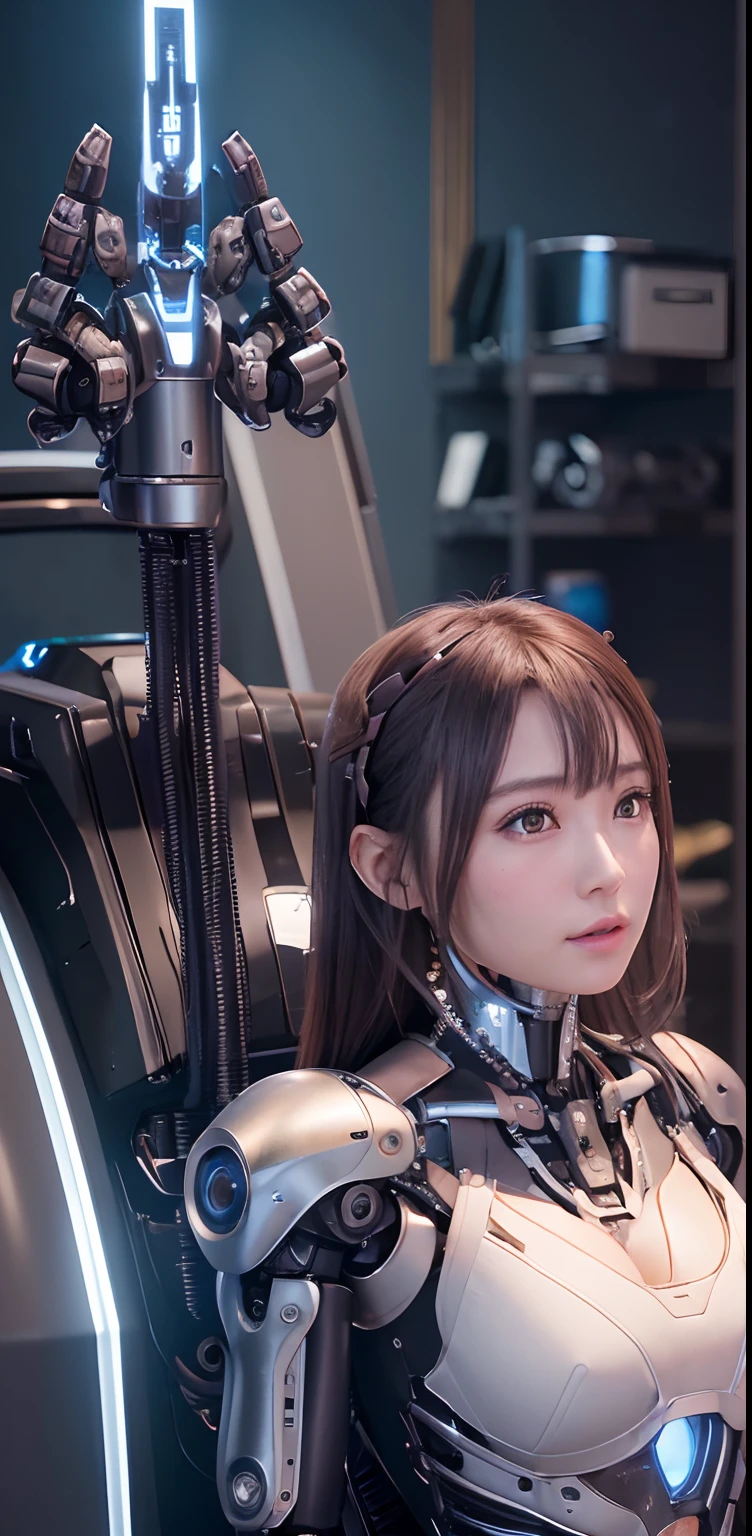 top-quality、​masterpiece、超A high resolution、(Photorealsitic:1.4)、((a beauty girl:1.6)), 1 full-body cyborg girl、、NOhumans、((The skin part is only the face)), Luminous Eyes、In the ruins、((Lots of split metal chest protectors)), Metal Robot、((The whole body is the body of a combat robot))、((Body parts are robot parts:1.8))、((The internal mechanisms of the chest are exposed)), ((Mechanical chest armor with LED indicators and meters)), Robot arms and legs、((Exposed metal skeleton of the abdomen))、Metal skeleton of the cervical region、Under repair、destroyed body、Metal Mechanical Bra、Full Body Metal Skin、Metal bodysuit、Metal scales covering the whole body、body made of metal、Whole body metal、a beauty girl、prosthetic hand、artificial leg、Full body cyborg、Exposed metal skeleton、Asian Beauty、cyberpunked、steampunc、Inside the futuristic space battleship、laboratory、Complex 3d rendering beautiful porcelain profile ultra detailed female type android face、dark brown  hair、glowy skin、((super realistic details))、portlate、globalillumination、Shadow、octan render、metals、Details of complex ornaments、Japan details、highly intricate detail、Realistic light、CGSoation Trends、a purple eye、radiant eyes、Facing the camera、neon details、Mechanical limbs、blood vessels connected to tubes、Mechanical vertebrae attached to the back、mechanical cervical attaching to neck、sitting on、Wires and cables connecting to the head、Gundam、Small LED lamp、​masterpiece、 Metal Robot、body made of metal、Whole body metal、prosthetic hand、artificial leg、Full body cyborg、Exposed metal skeleton、Asian Beauty、cyberpunked、steampunc、Futuristic cities、laboratory、Complex 3d rendering beautiful porcelain profile super detailed female android face、cyborgs、roboticparts、150mm、beautiful studio soft light、Rim Lights、vibrant detail、luxuriouscyberpunk、Ren Hao、surrealistic、Anatomical、face muscles、cable electric wires、microchips、elegent、beatiful backgrounds、octan render、HR Giger Style、8K、top-quality、​masterpiece、illustratio、extr