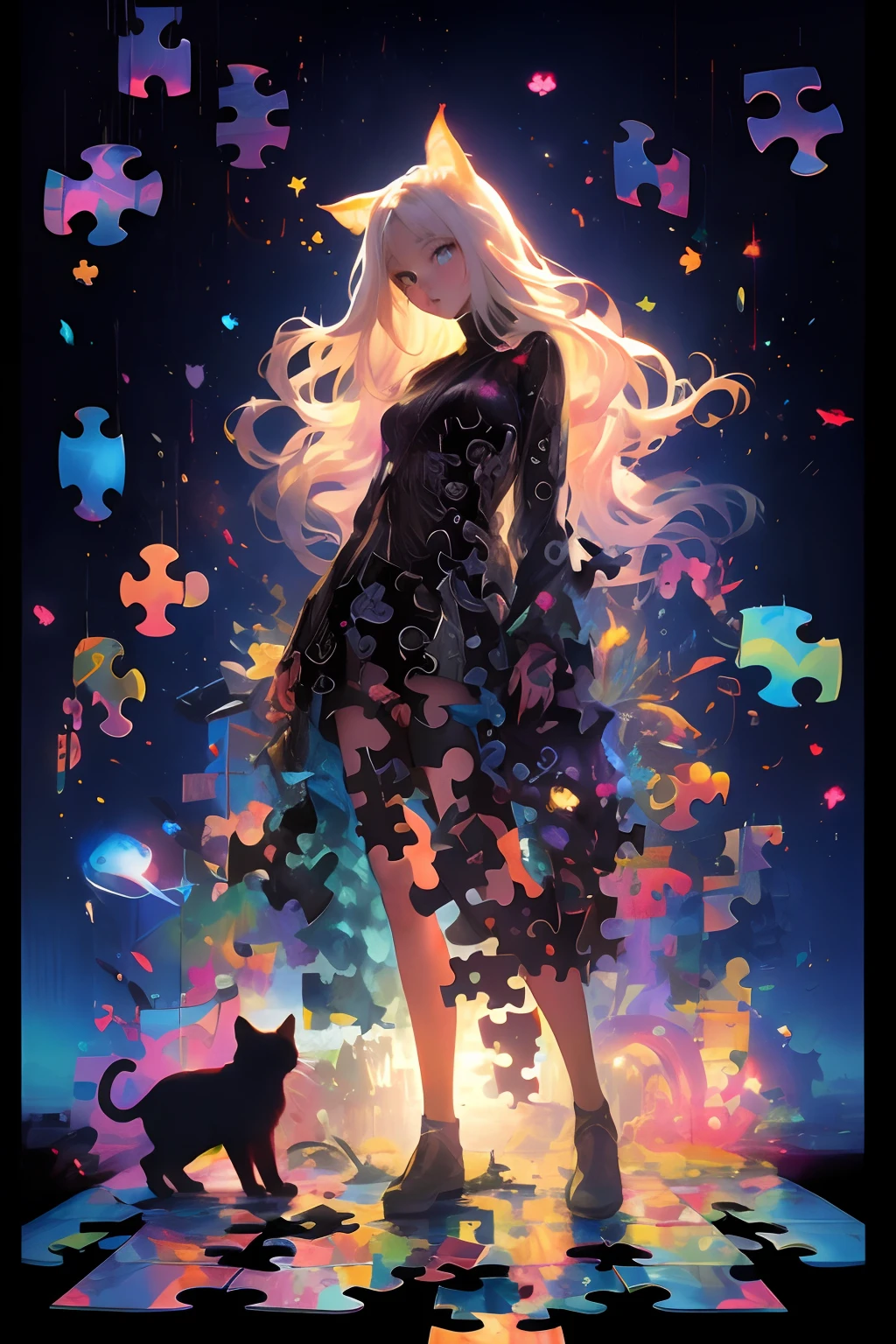 1 blonde girl、One black cat、puzzles、32k、hight resolution、​masterpiece