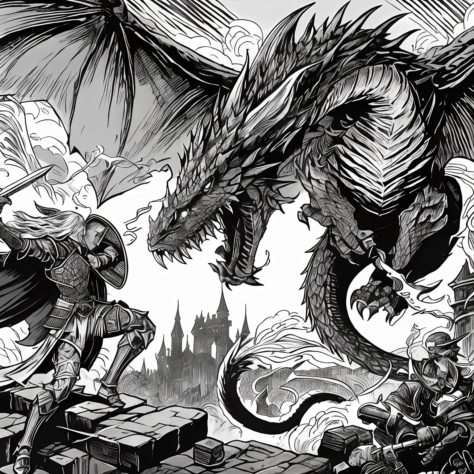 illustration of a dragon attacking a knight on a city street, dungeons and dragons artwork, dungeons and dragons art, dungeon and dragon illustration, dragonlance illustration, dnd illustration, fantasy rpg book illustration, high quality dnd illustration, dungeon and dragons art, battle with dragon, d&d commision art dragon, rpg rulebook illustration, dnd cover art